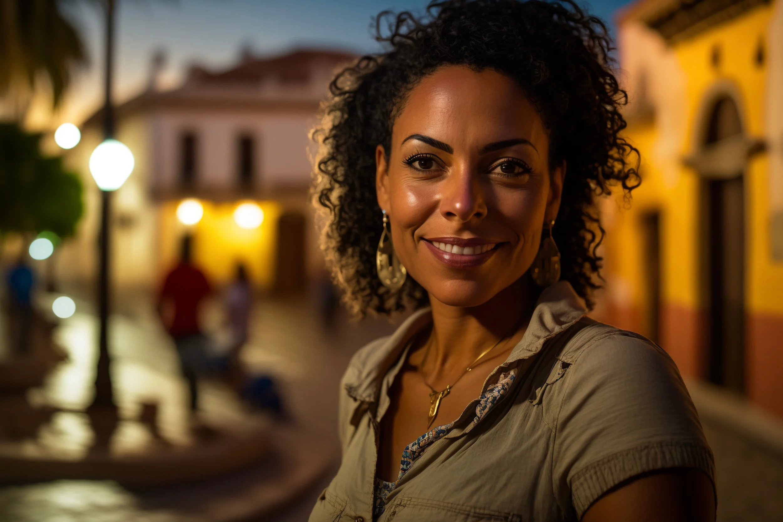 A woman with curly hair smiling at the camera during evening in a colorful outdoor setting with blurred background of buildings and street lamps.