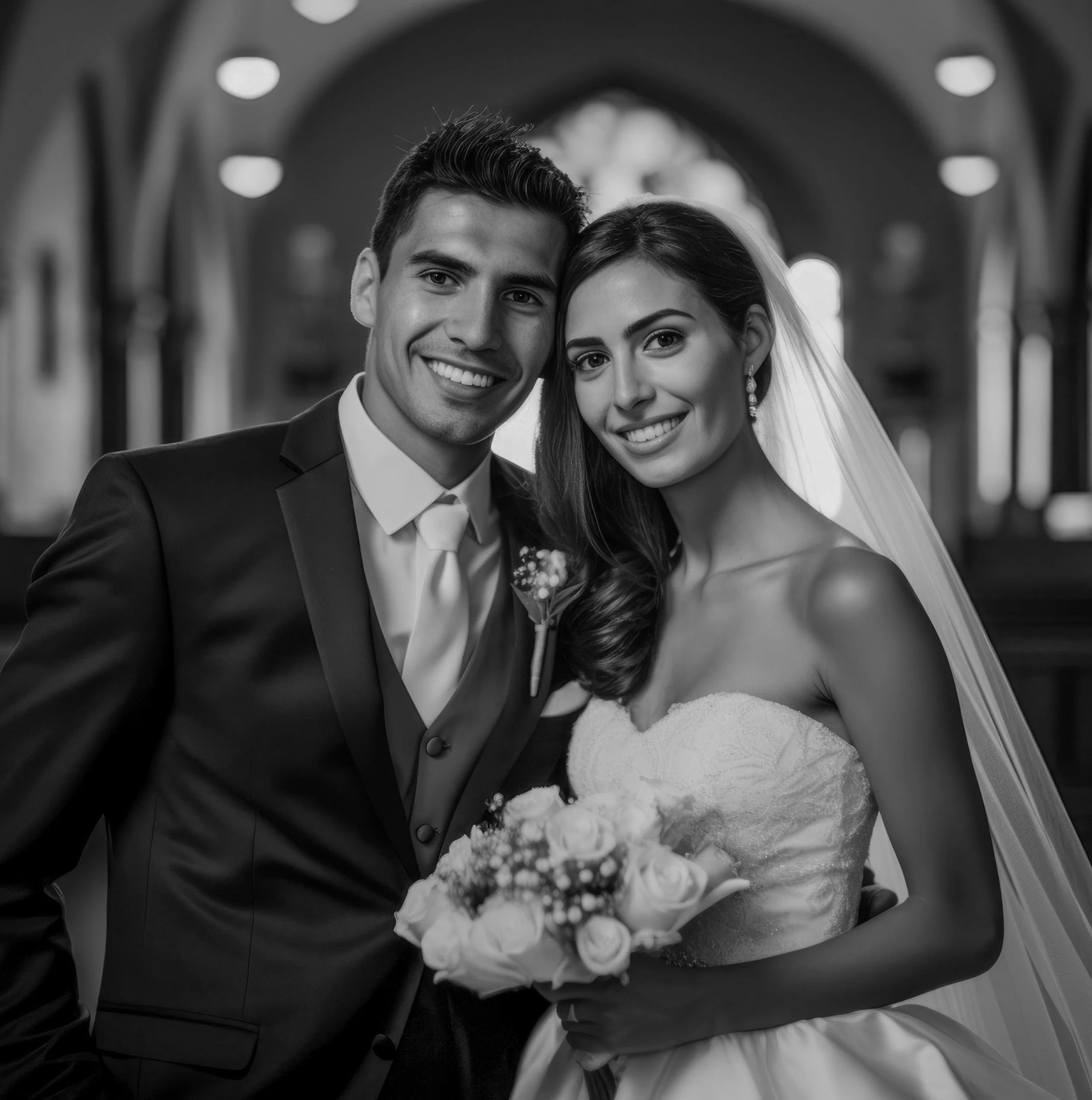 A black and white photo of a smiling bride and groom on their wedding day, standing inside a church with arched architecture behind them. The bride is holding a bouquet of flowers.