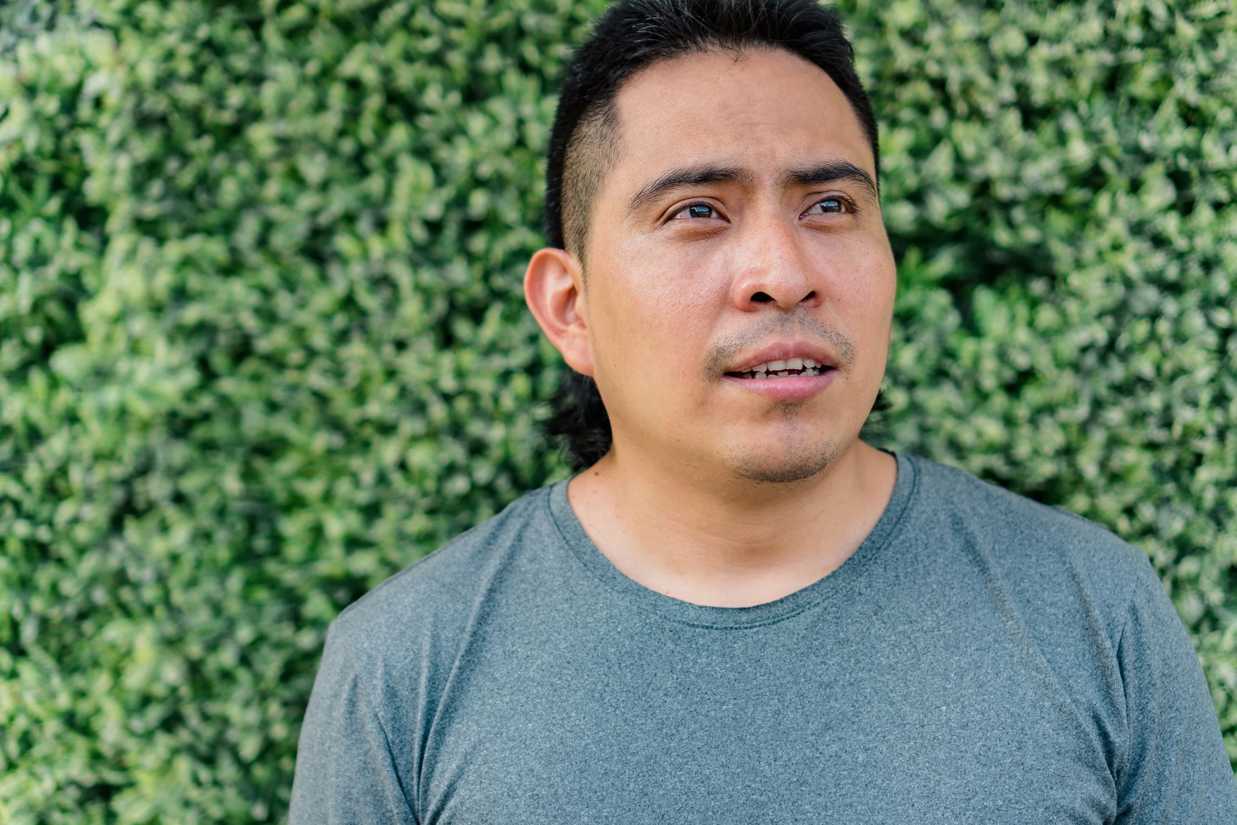 A man with short black hair and a small goatee wearing a gray shirt, standing outdoors in front of a green leafy background.