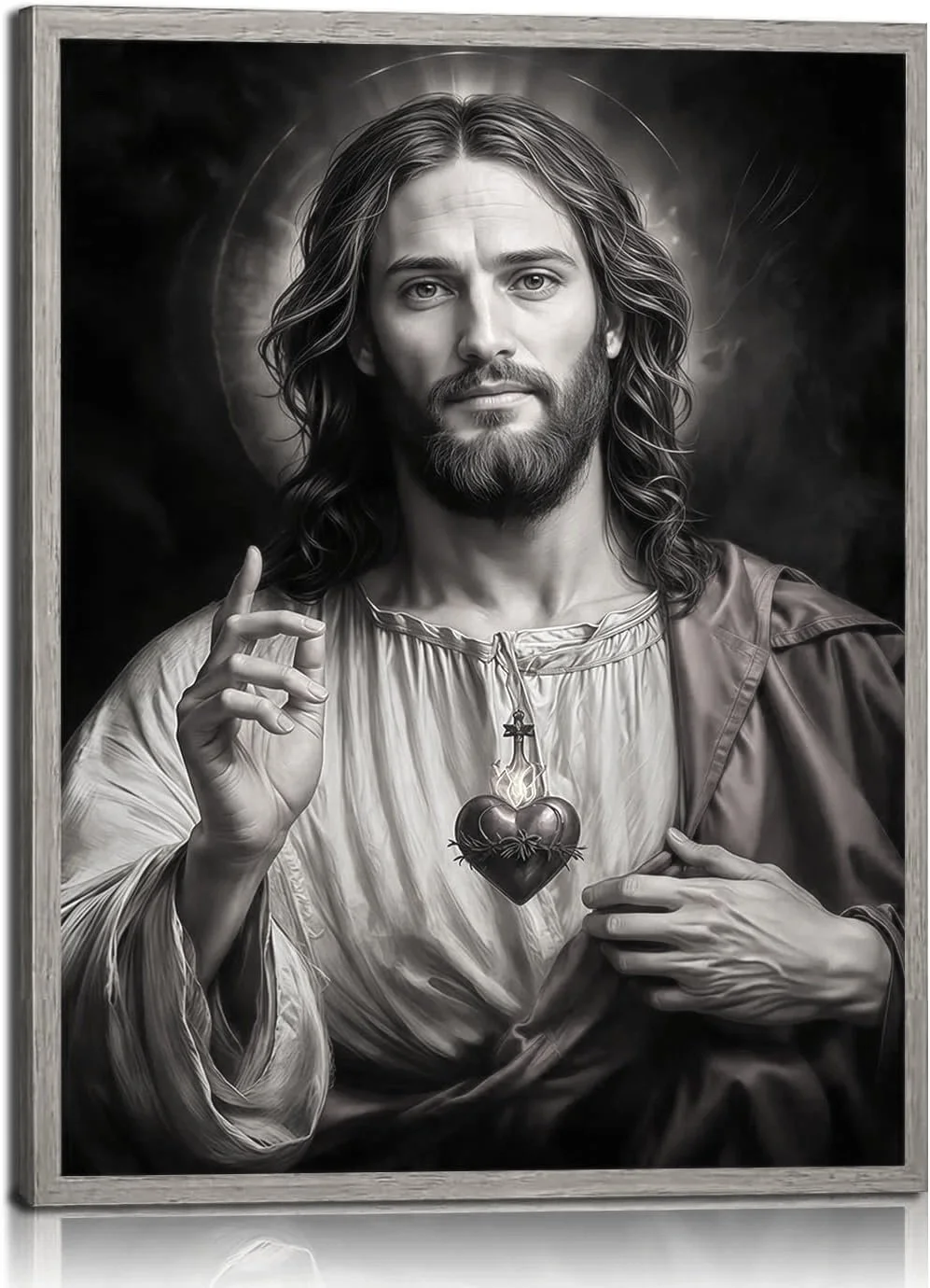 A black and white painting of Jesus Christ with long hair and a beard, wearing a robe, making a blessing gesture with his right hand, and holding his robe with his left hand. He has a glowing heart with a cross above it around his neck.