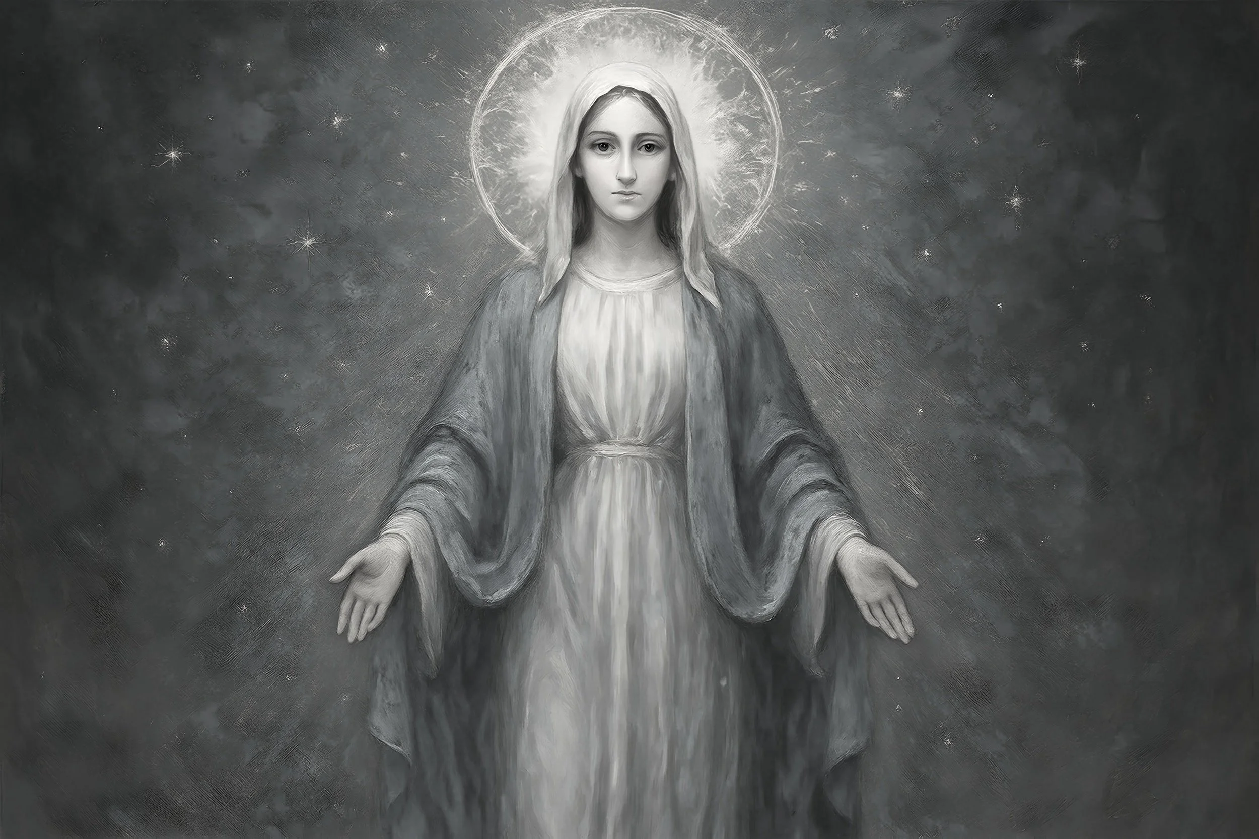 Black and white religious painting of Jesus Christ with outstretched arms, halo behind his head, in a dark background with faint stars.