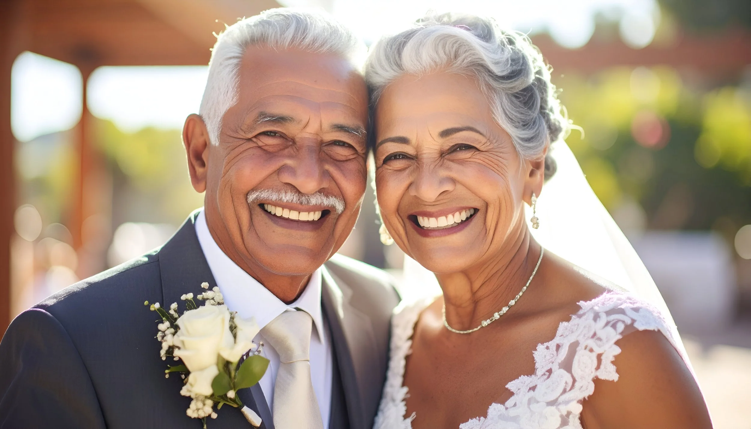 Smiling elderly couple in wedding attire, close-up shot at an outdoor wedding, with bright sunlight and blurred background.