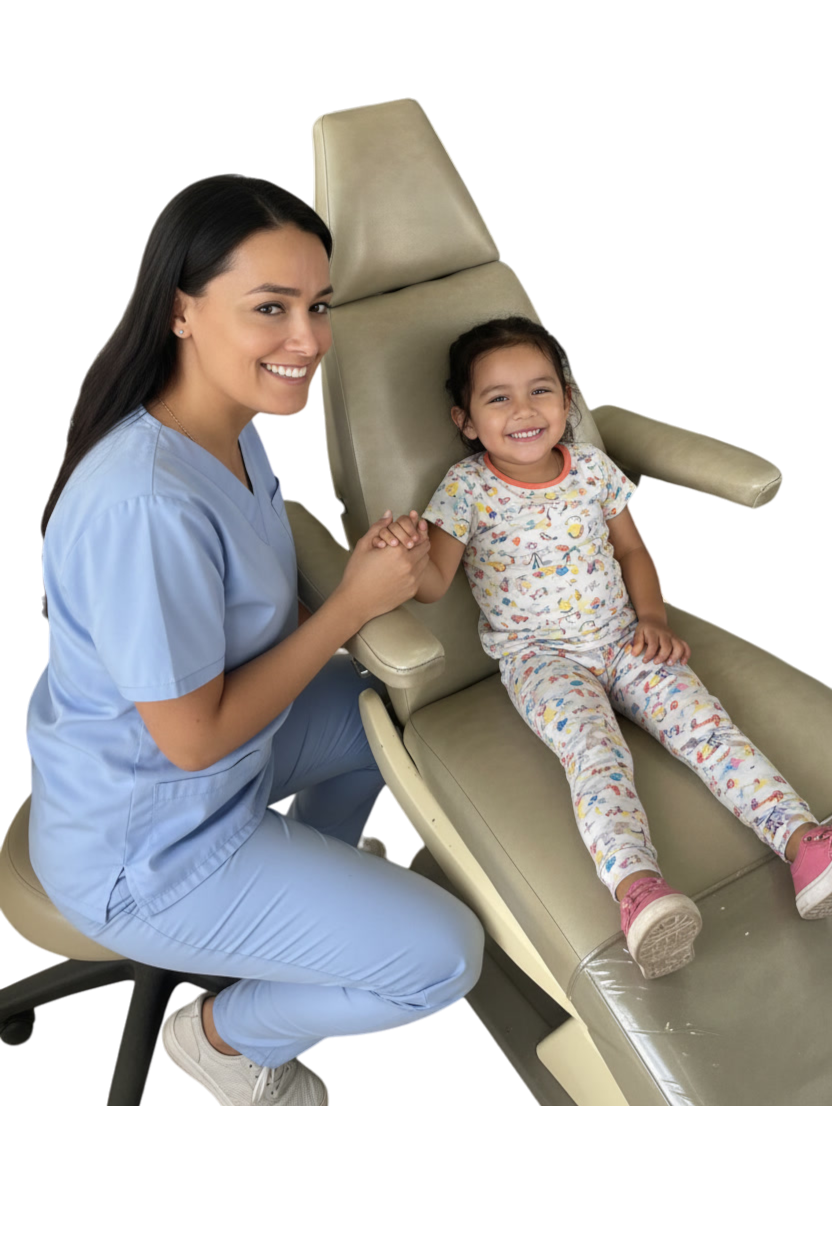 Una enfermera sonriendo, sosteniendo la mano de una niña sonriendo, que está acostada en una silla de examen hospitalaria.