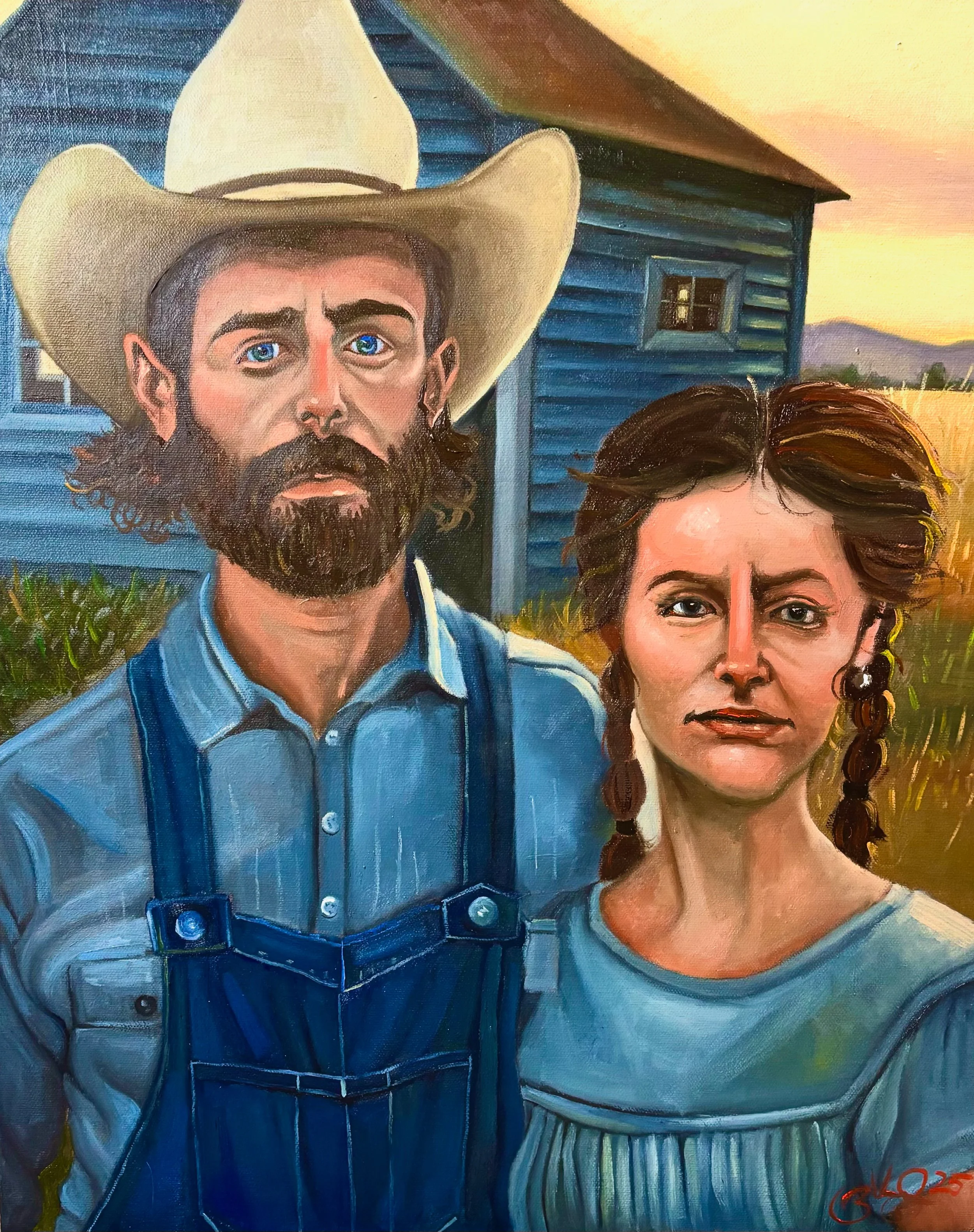 A painting of a man with blue eyes, a beard, and a cowboy hat standing in front of a woman with braids. There is a blue house and sunset in the background.