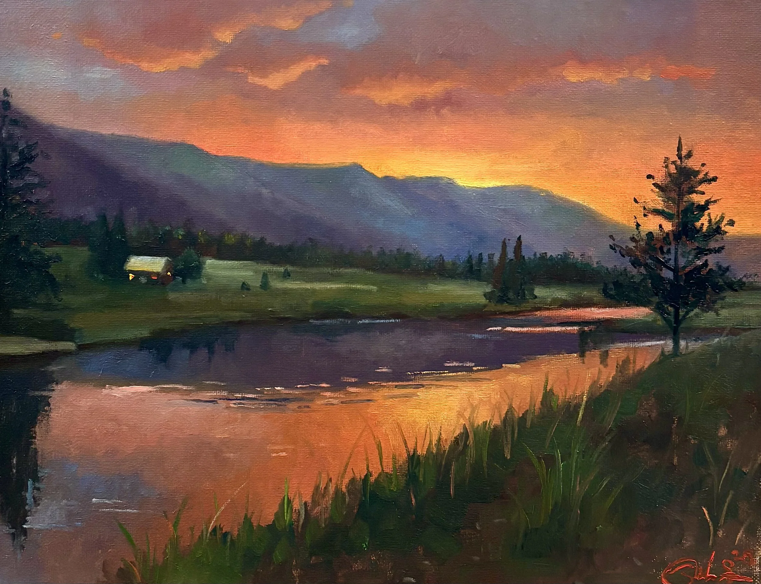 A landscape painting of a sunset over mountains with trees and a body of water in the foreground.