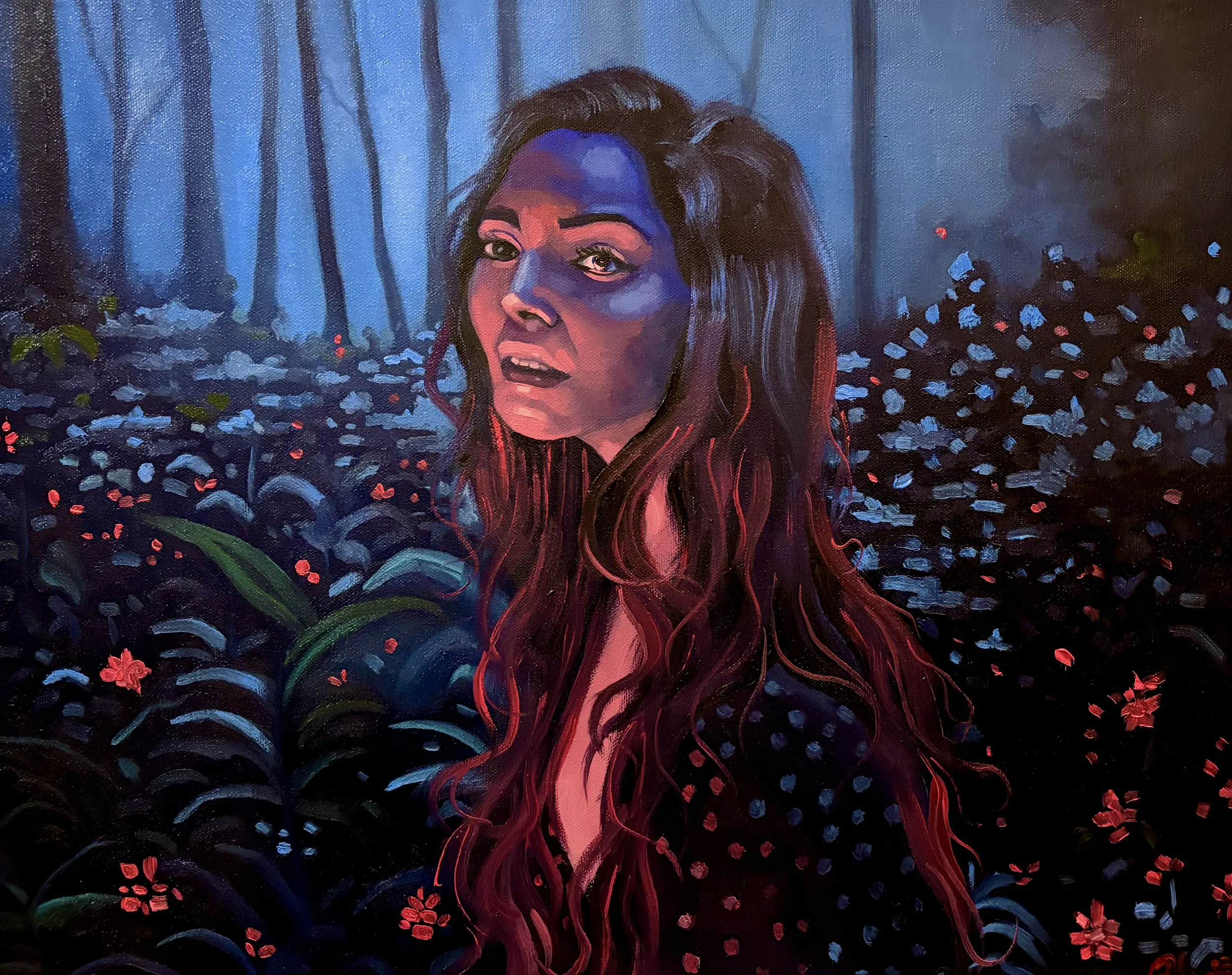 A painting of a woman with long dark hair and a serious expression, set against a background of trees and scattered flowers in a lush, dark forest scene.