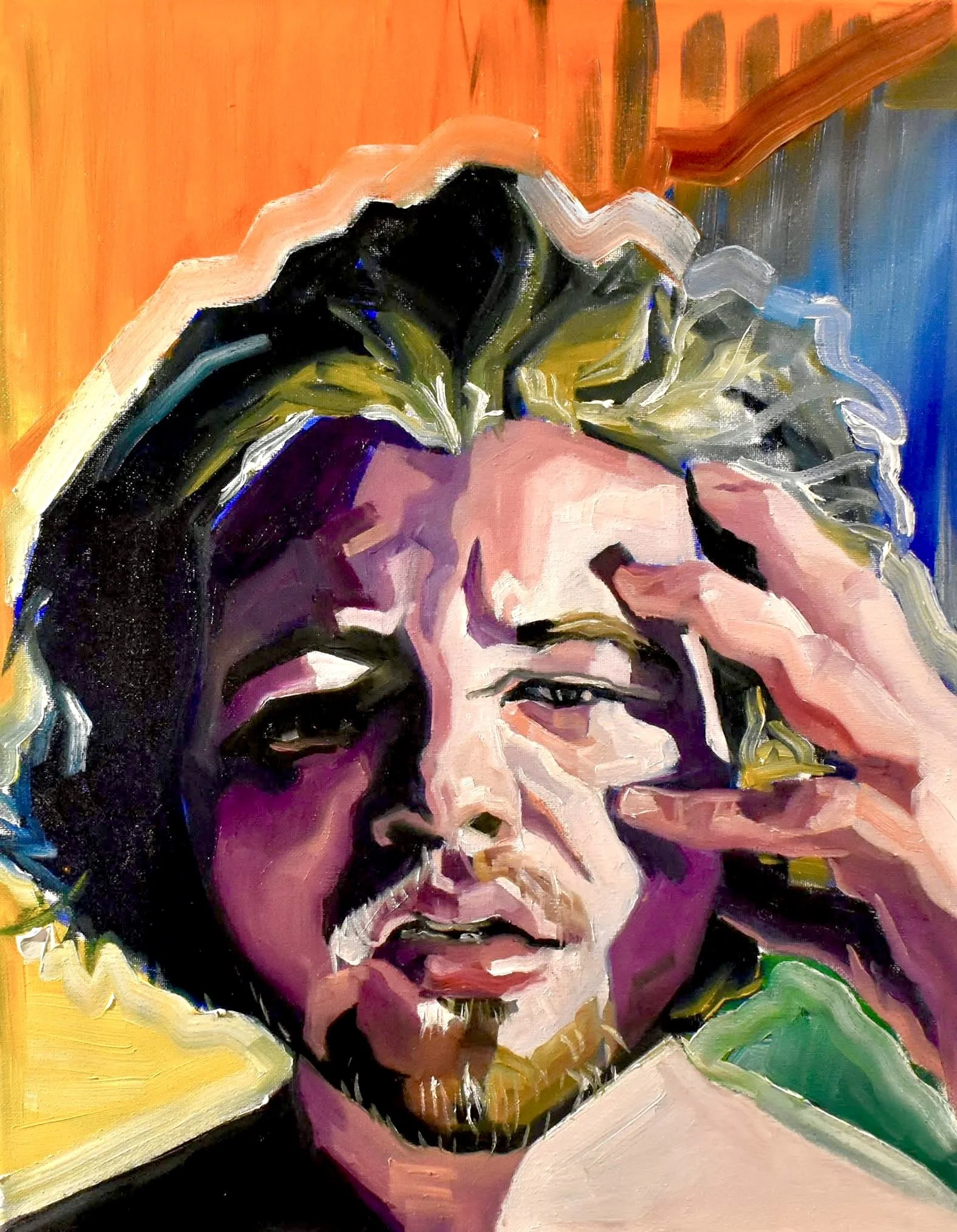 An abstract painting of a woman's face with long black hair, her eyes closed, making a gesture with her hand, in vibrant, bold colors including orange, purple, and green.