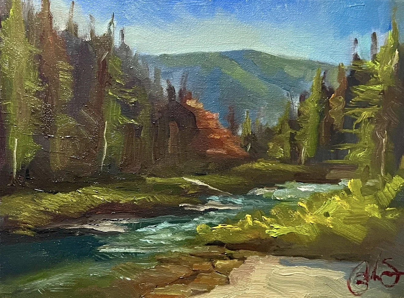 A landscape painting of a river flowing through a lush green forest with trees on both sides, rolling hills and mountains in the background under a blue sky.