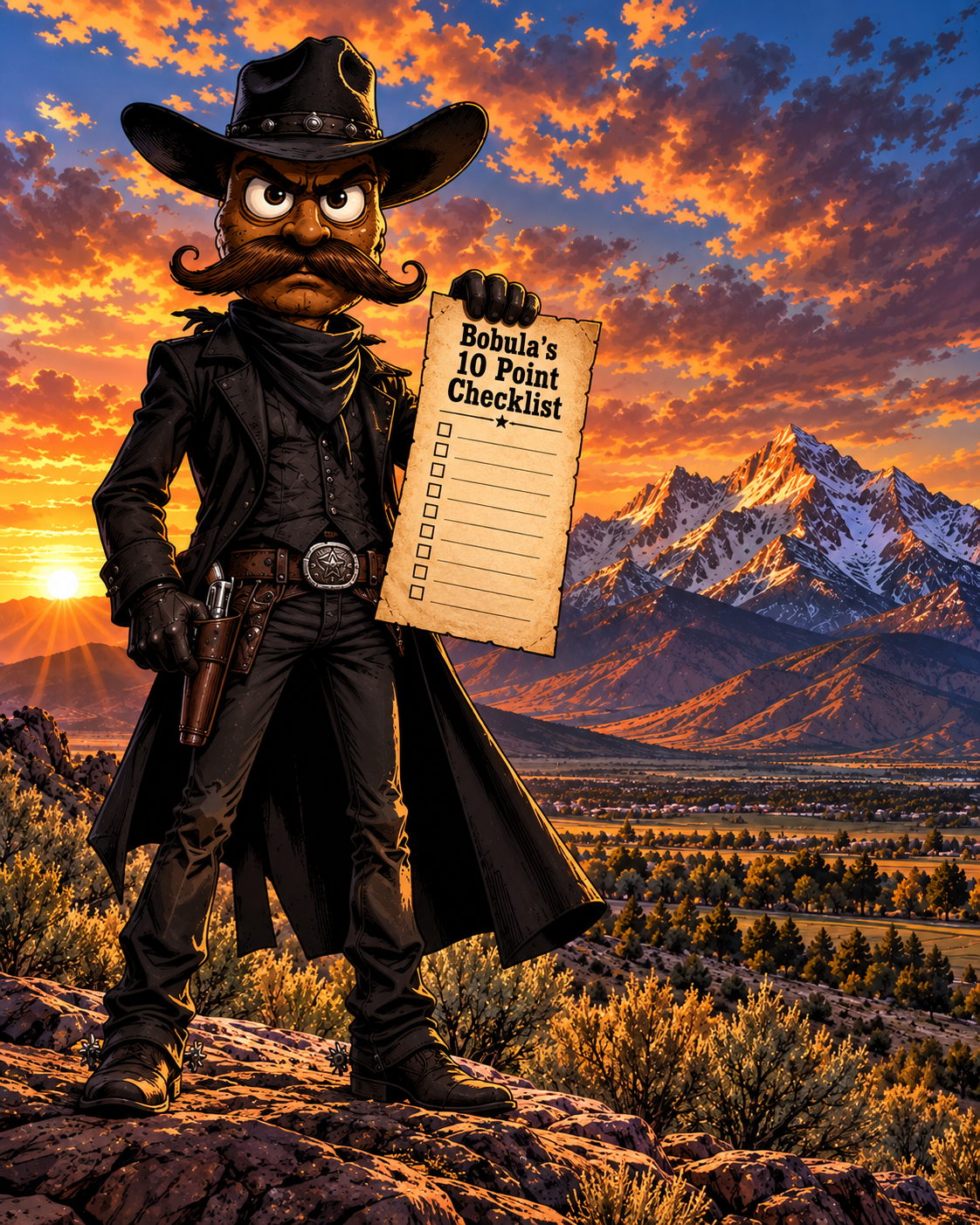 A cartoon cowboy with a mustache, wearing a black cowboy hat and leather outfit, holding a checklist titled 'Bobula's 10 Point Checklist' against a vibrant sunset and mountain landscape.