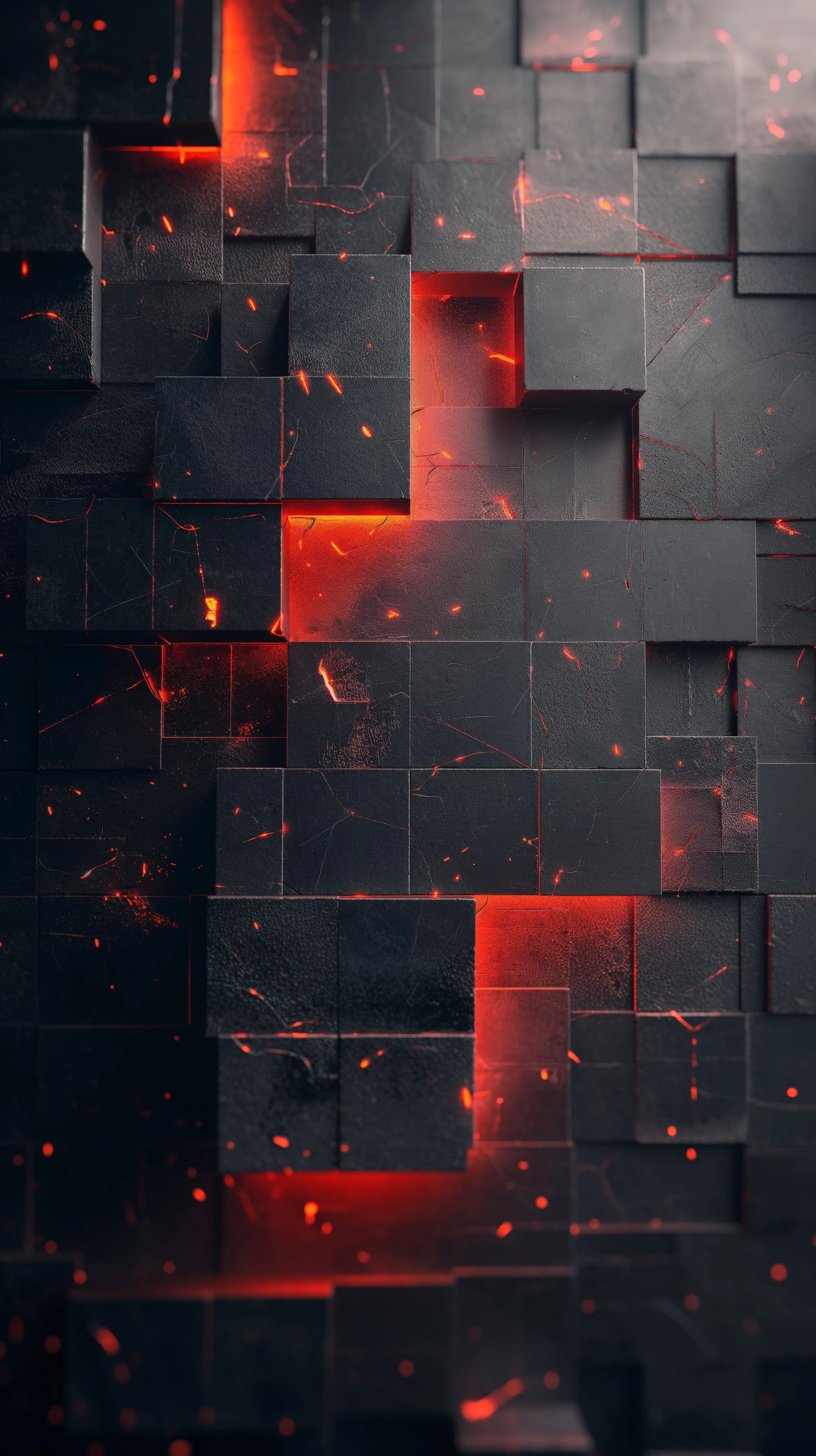 Dark 3D black cubes with cracks and glowing red lights underneath and between the cubes, resembling a futuristic digital or gaming background.