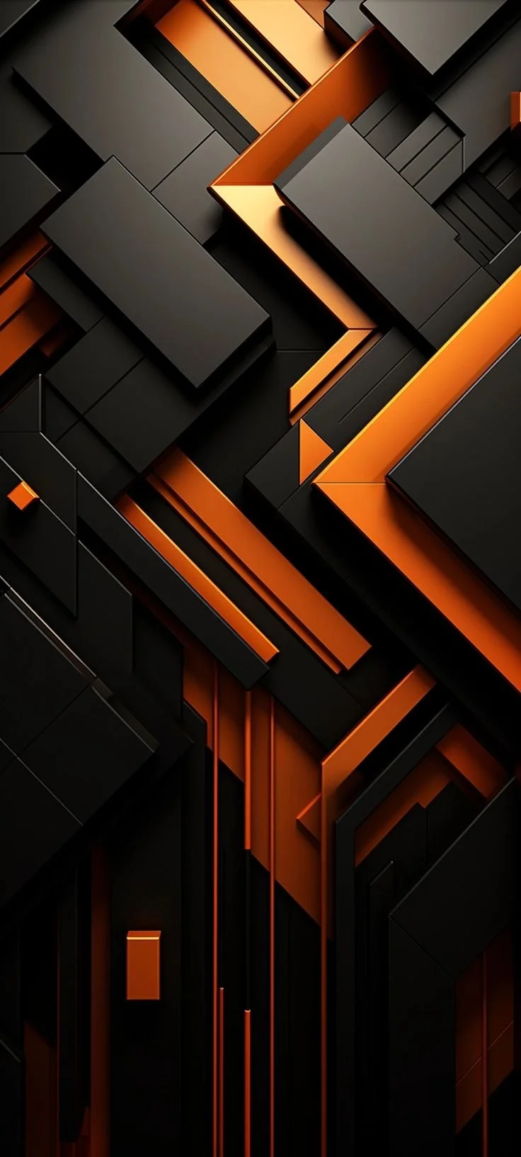 Abstract 3D geometric design with black and orange rectangular shapes and lines.