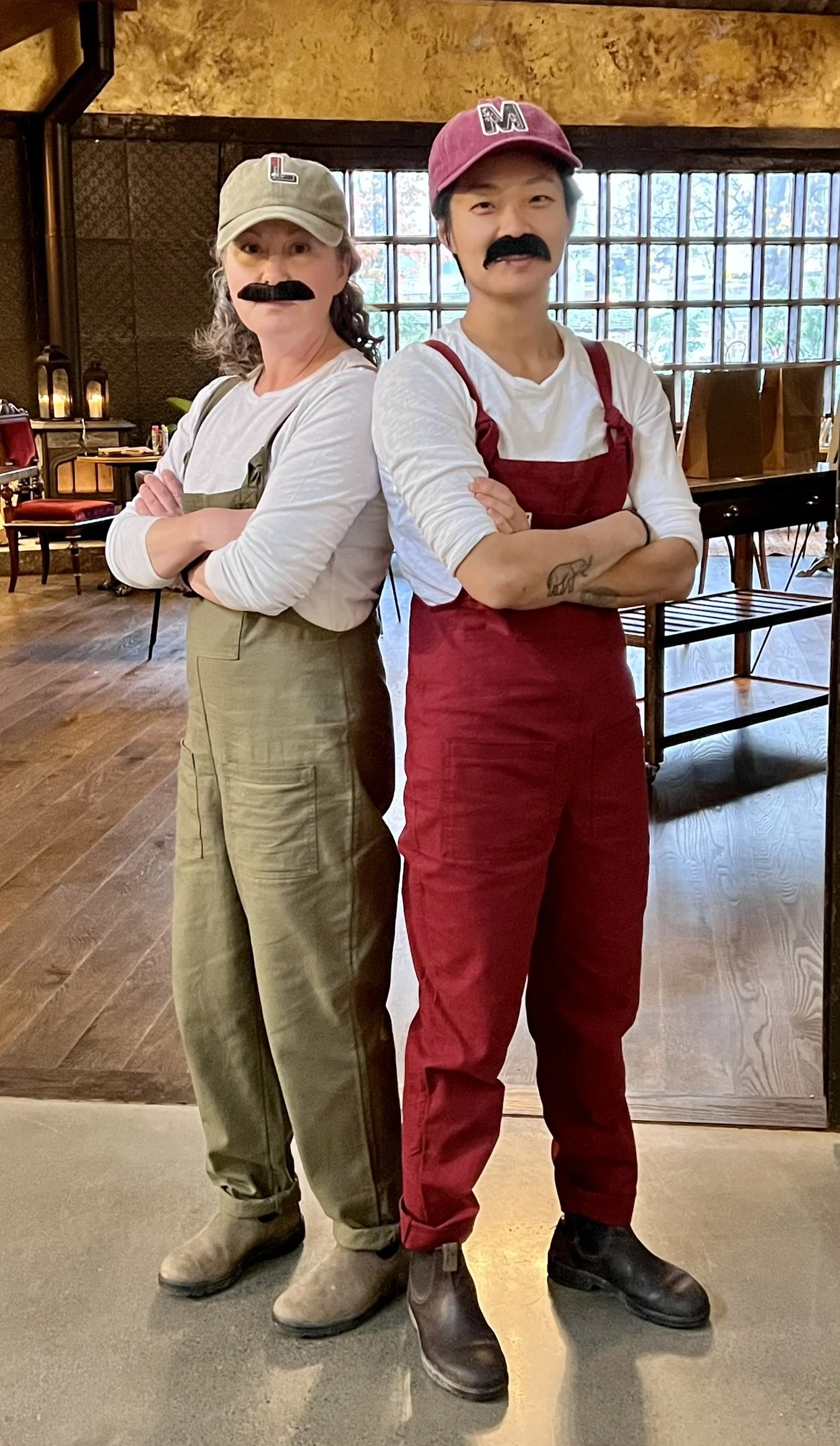 Two people dressed as Mario and Luigi characters from the Super Mario franchise, with fake mustaches, standing back-to-back with arms crossed in a cozy, rustic restaurant interior.