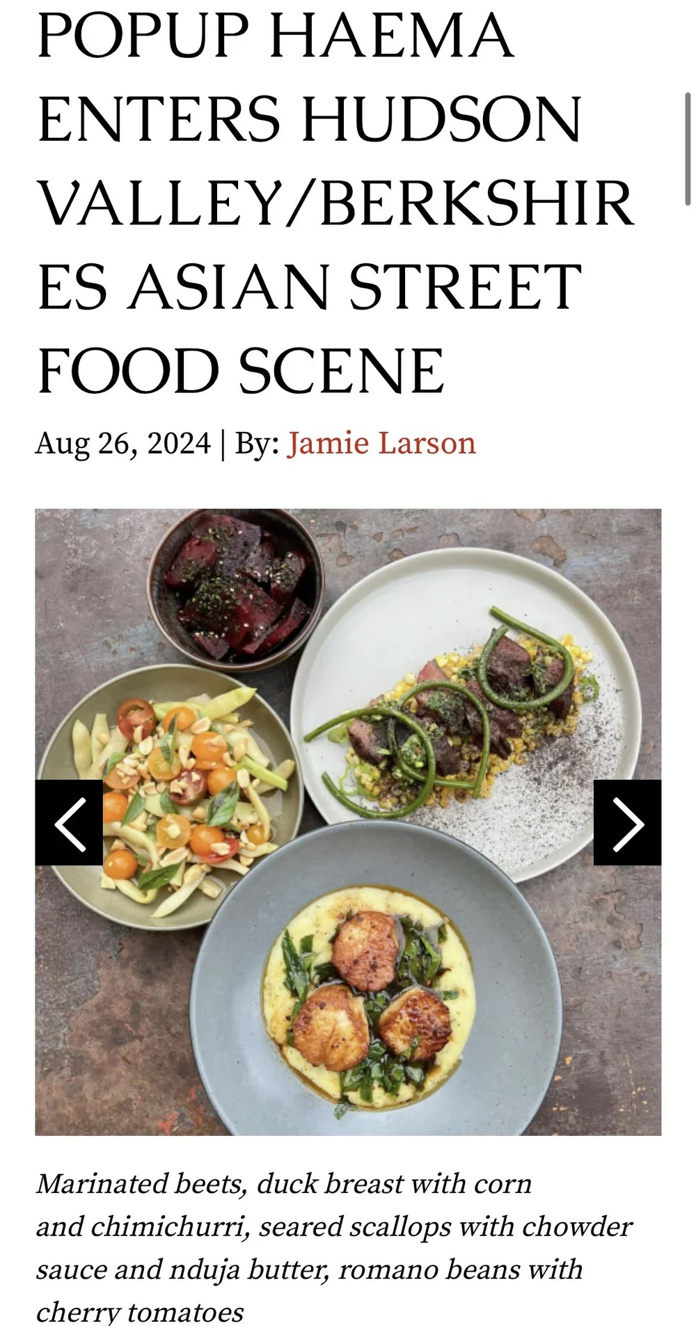 A food scene with three plates: a bowl of marinated beets, a plate of duck breast with corn and chimichurri, seared scallops with chowder sauce and nduja butter, and romaine beans with cherry tomatoes.