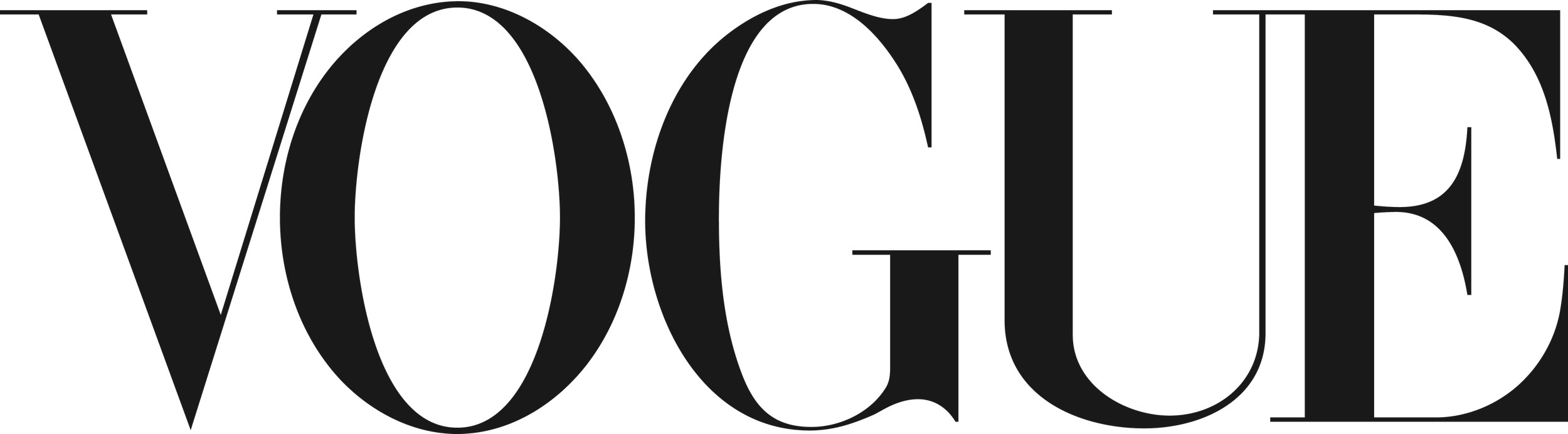 Large black text spelling out the word "VOGUE" on a black background.