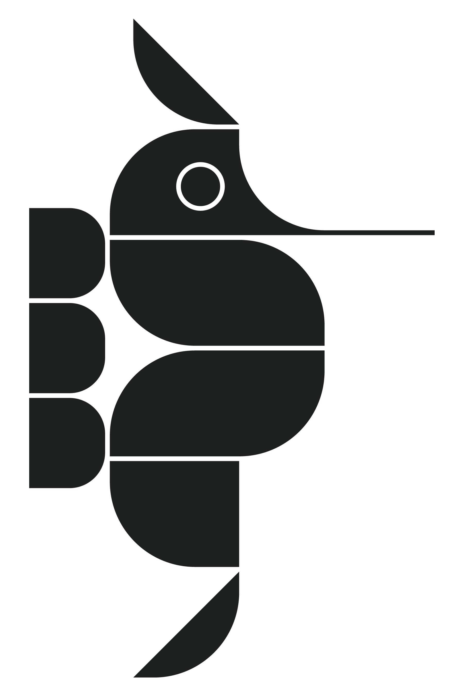 Minimalist black and gray abstract illustration of a seahorse in profile with a rounded head, beak, eye, wings, and tail.