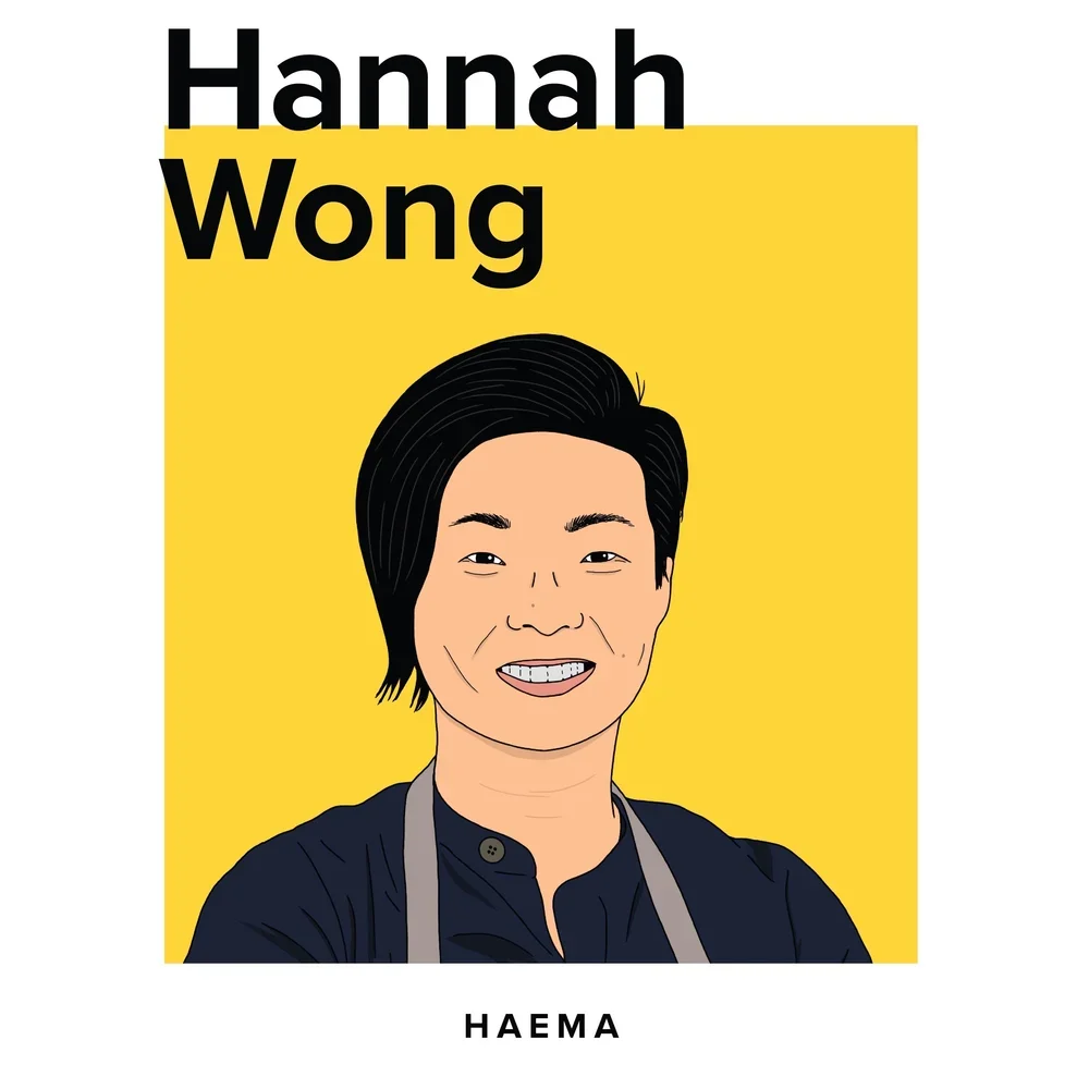 A graphic illustration of a person with short black hair smiling, wearing a dark top and an apron, with a yellow background. The text 'Hannah Wong' appears at the top in large black letters, and 'Haema' is written at the bottom in smaller black text.