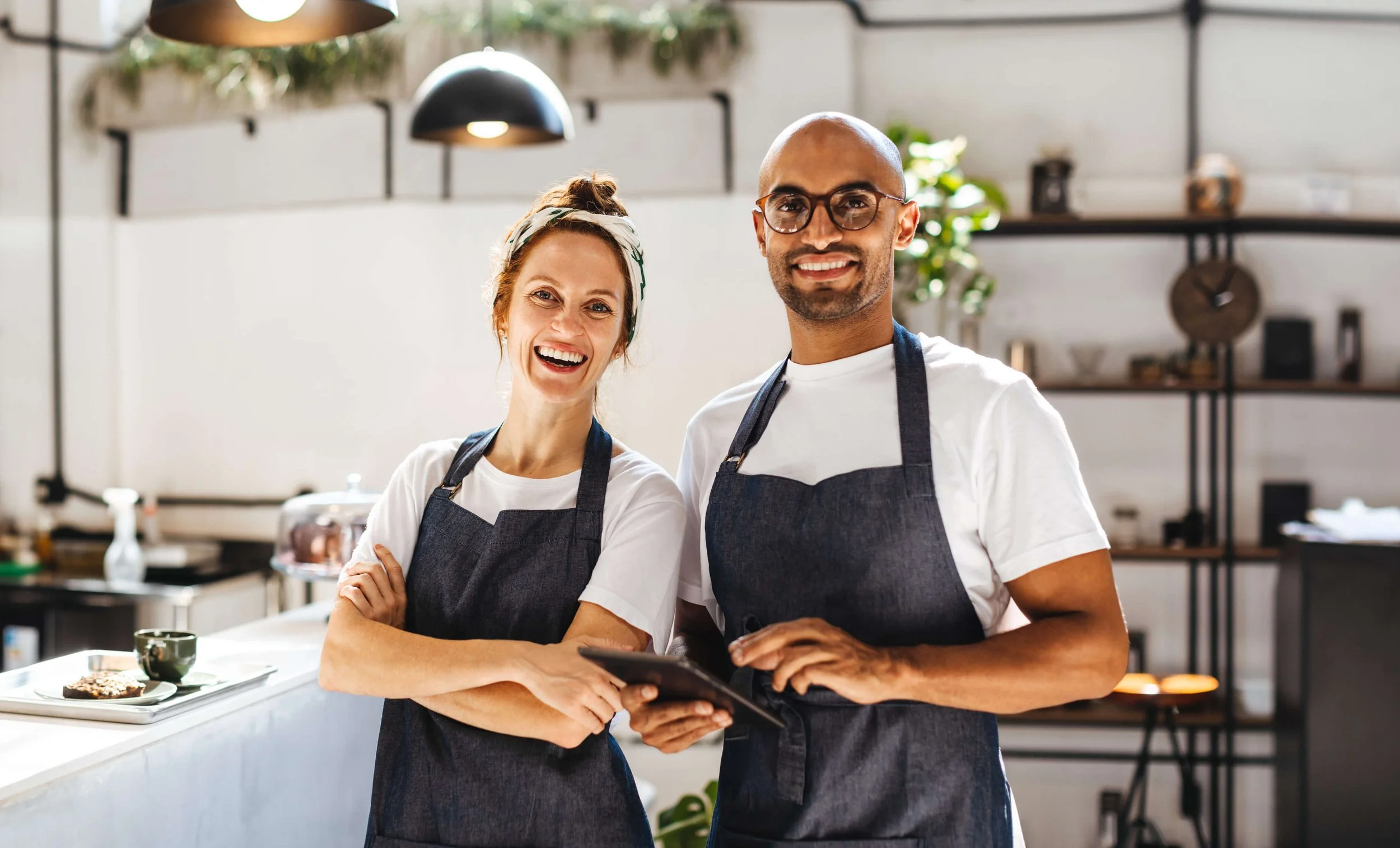 man and woman in kitchen wearing aprons