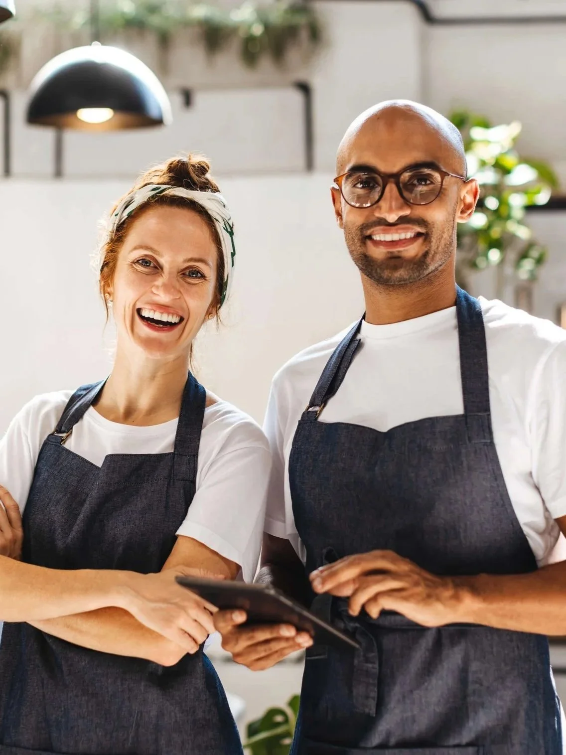 Two cooks in kitchen smiling.