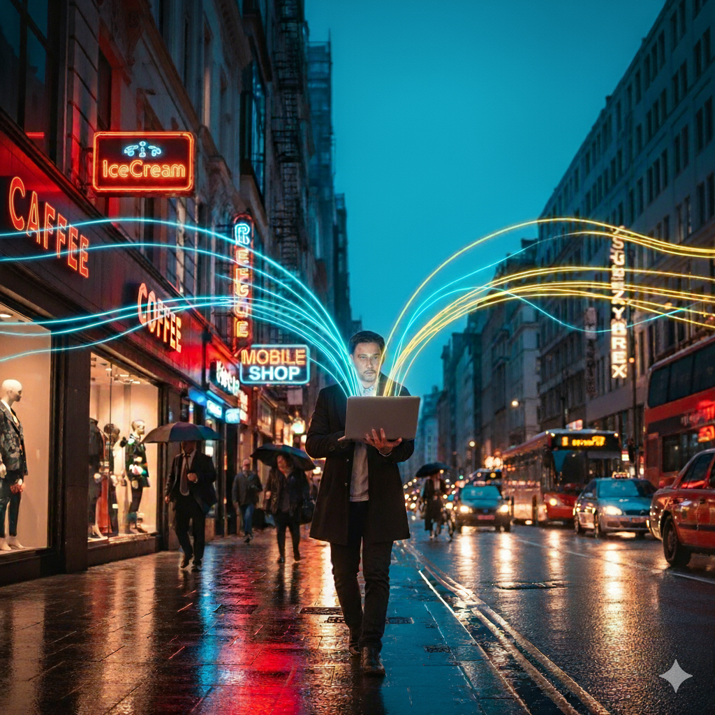 A person walking on a rainy city street at night, using a laptop with digital light streaks emanating from it, surrounded by illuminated storefronts and pedestrians with umbrellas.