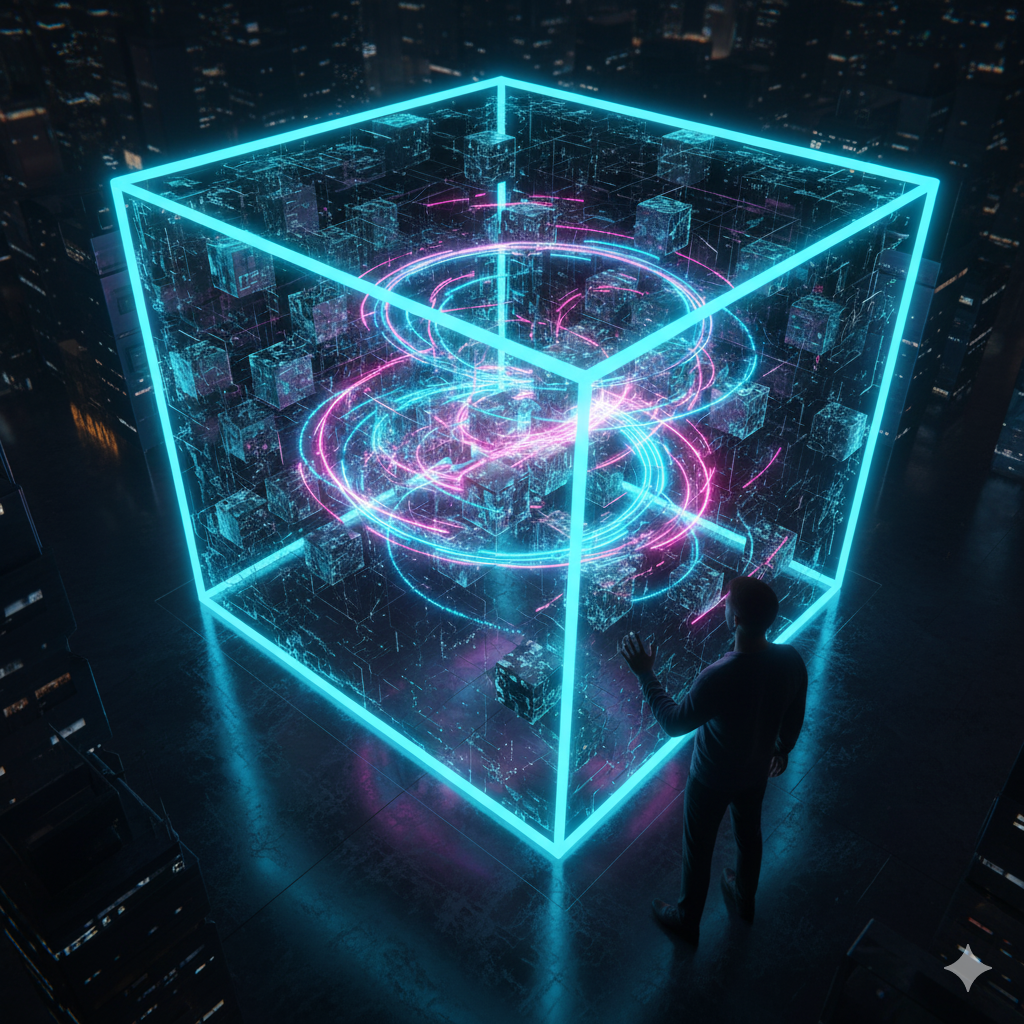 A person observing a large, holographic, neon-lit 3D cube with glowing blue and pink digital patterns inside, set in a dark, high-tech environment.