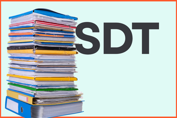 Stack of records with letters SDT next to it