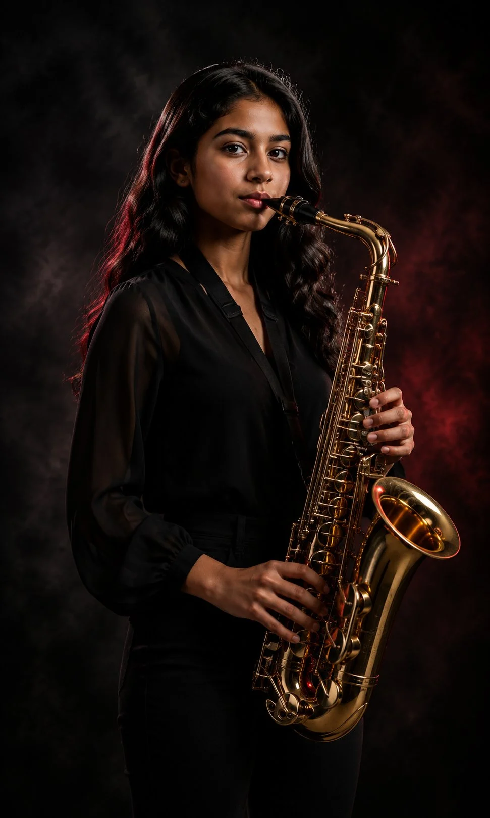 Young woman with long dark hair holding a gold saxophone, wearing a black dress, posing against a dark background.