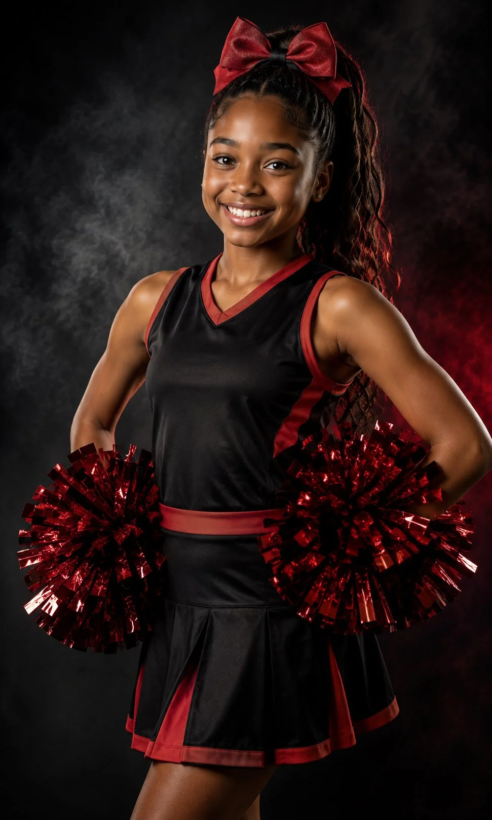 A young girl dressed as a cheerleader, smiling, holding red pom-poms, wearing a black and red cheerleading outfit with a red bow in her hair, standing against a dark background.