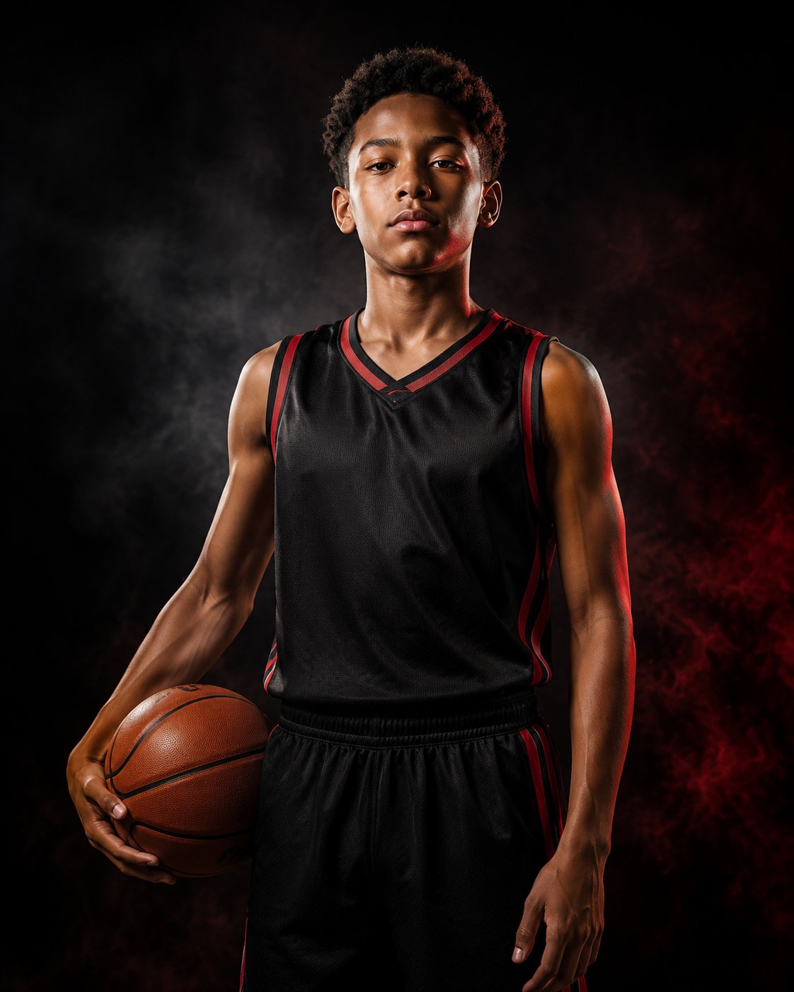 A young male basketball player standing with a basketball in a black and red jersey, against a dark background.
