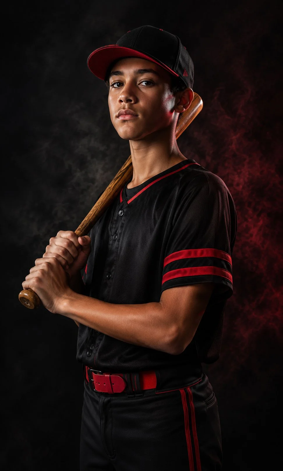 Young male baseball player in black and red uniform, holding a wooden bat over his shoulder, against a dark background.