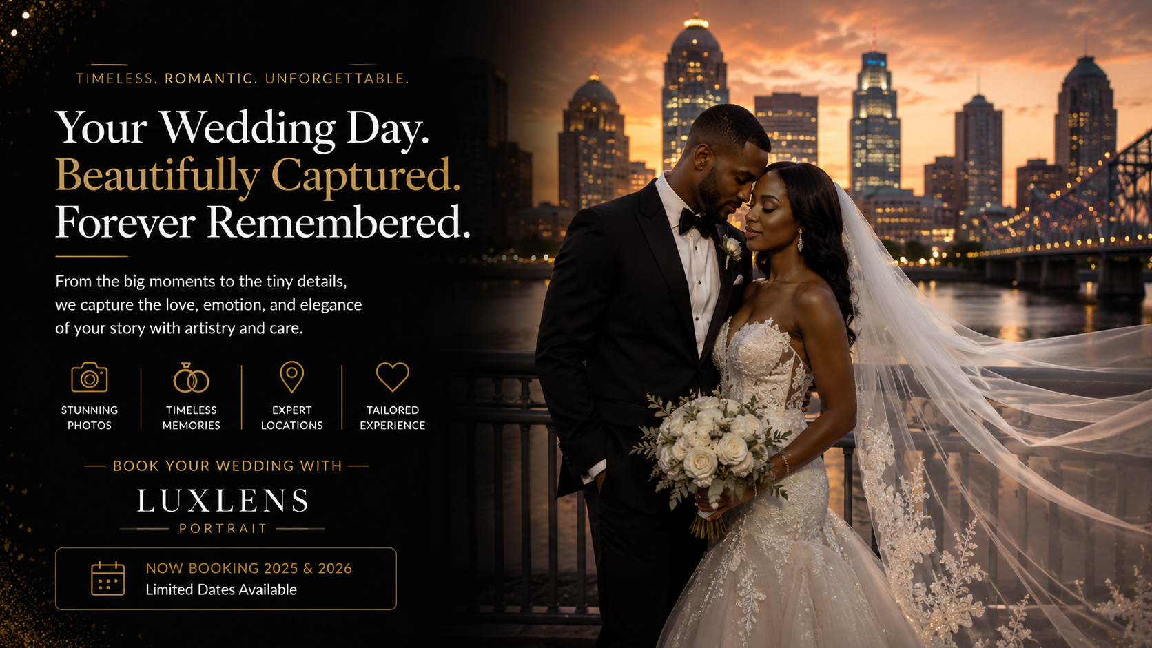 Professional wedding photography in Louisville KY featuring a bride and groom at sunset
