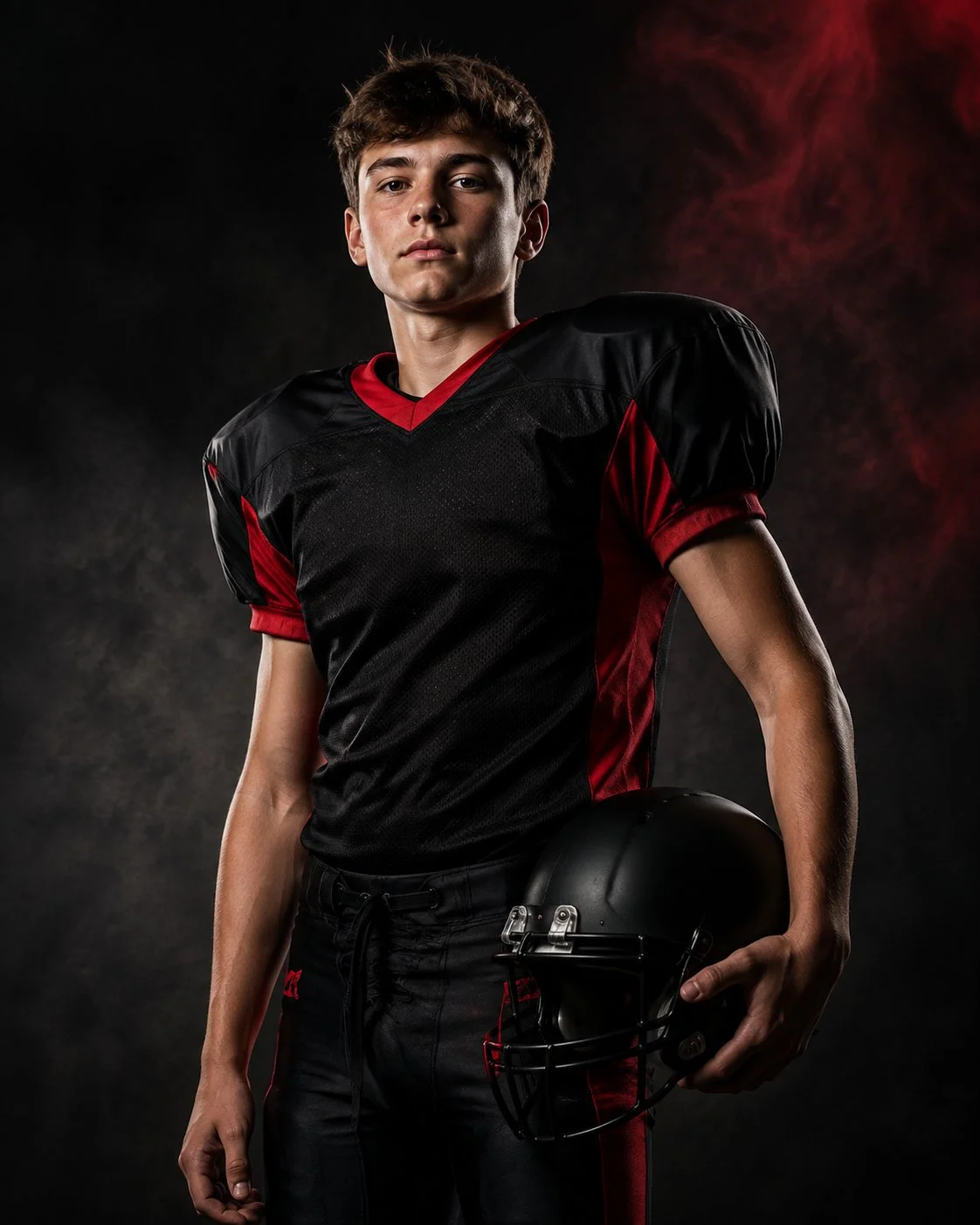 A young male football player holding a black helmet, wearing a black and red football uniform, standing against a dark background with red smoke.