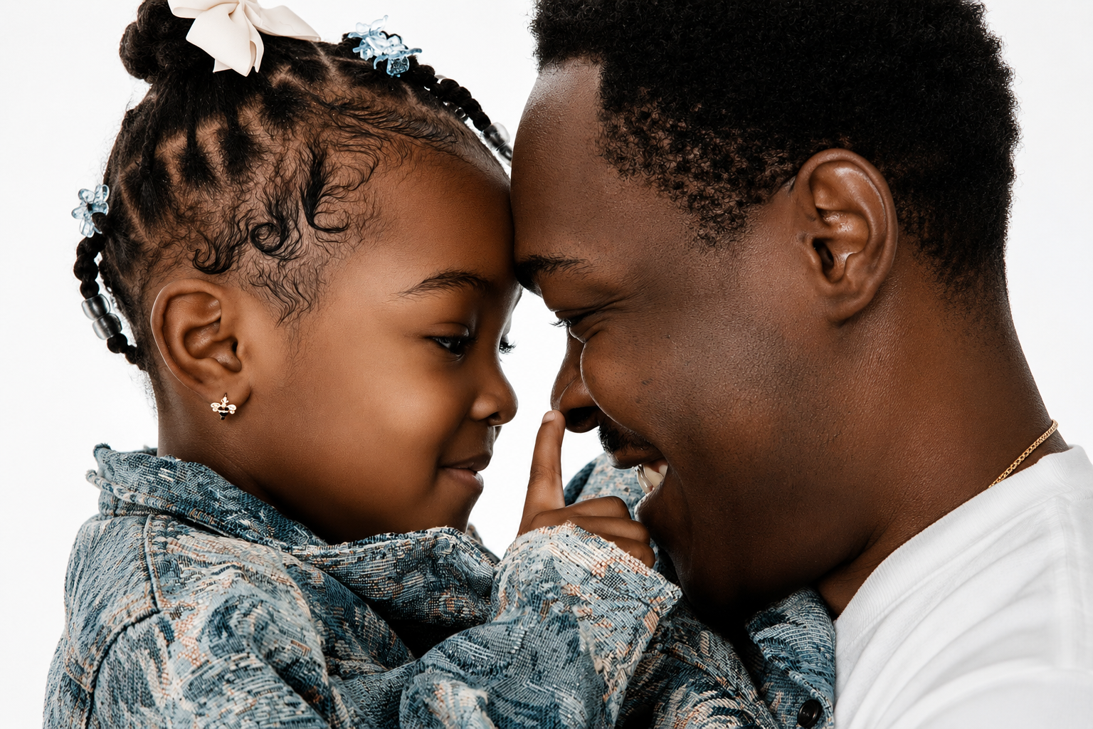 Daddy and daughter sharing a loving moment during a Daddy and Me portrait session at LuxLens Portrait Studio in Louisville, Kentucky.