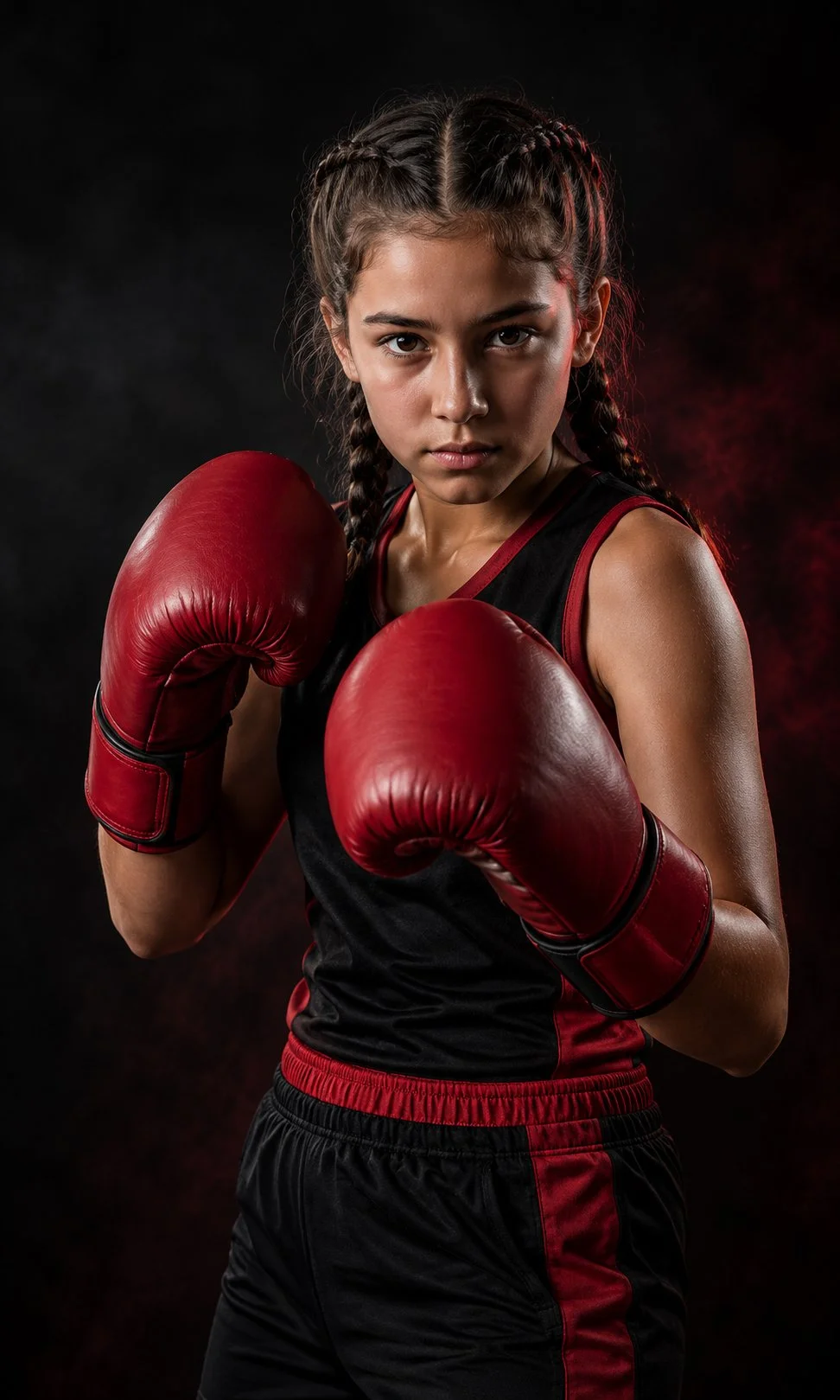 Young female boxer in black and red athletic wear with red boxing gloves, posed in a fighting stance against a dark background.