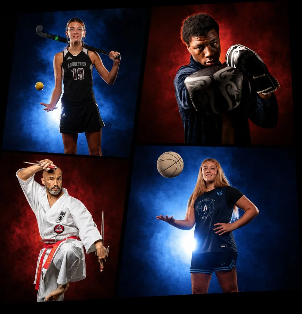 Collage of four athletes in sports uniforms and gear, each in dynamic pose, with colorful backgrounds.