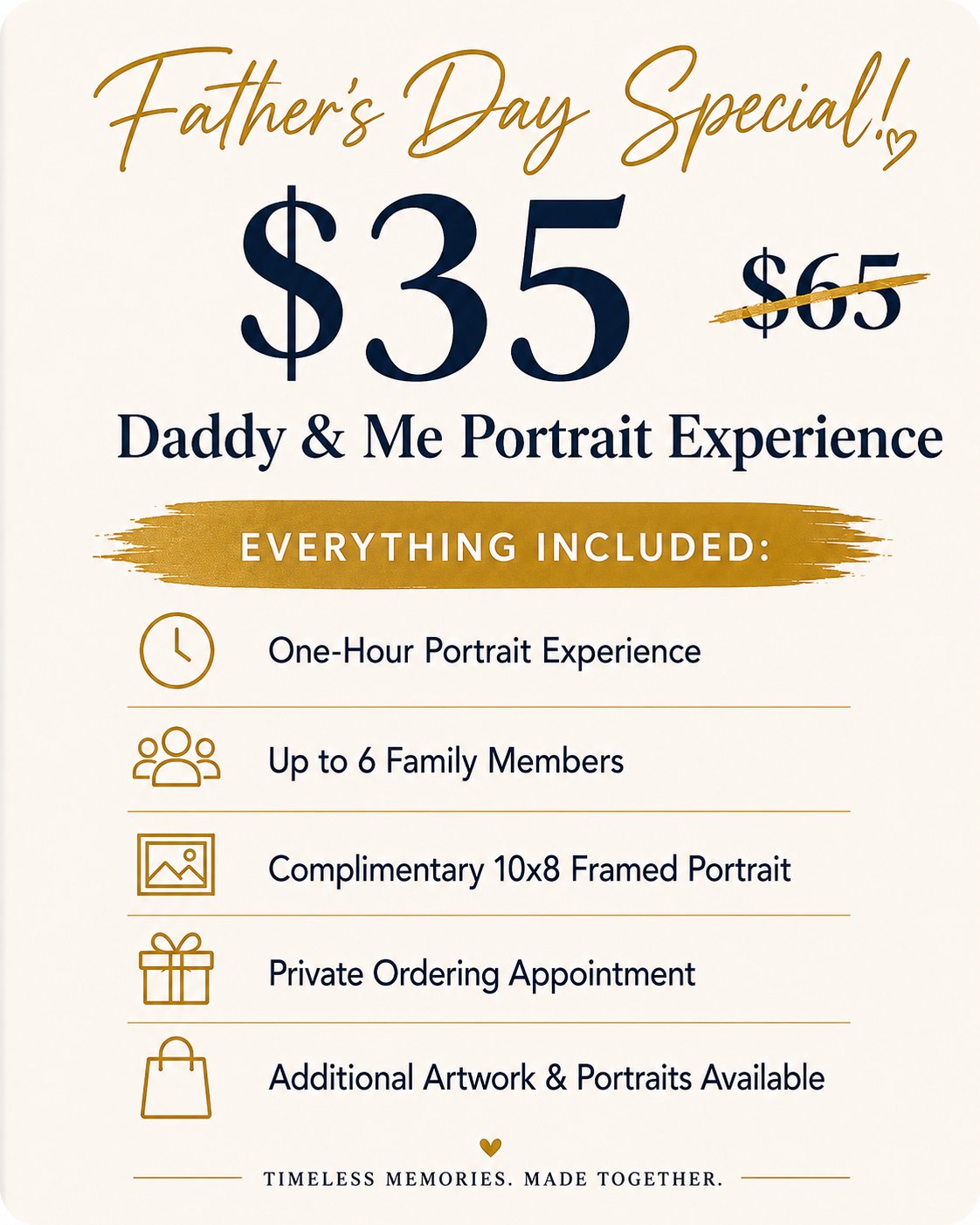 Father's Day special portrait photography offer for $35, down from $65, includes a one-hour session for up to six family members, complimentary 10x8 framed portrait, private appointment, additional artwork available, with icons for clock, family, picture frame, gift, and shopping bag.