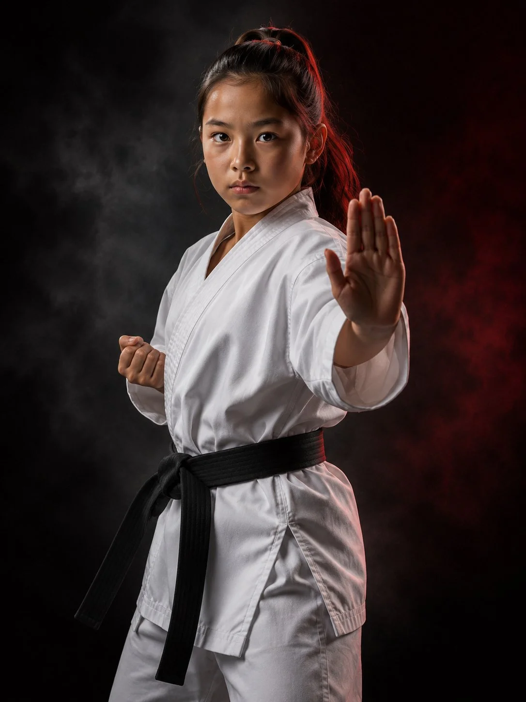 Young girl in a white karate gi with a black belt performing a martial arts stance against a dark background with red and gray lighting.