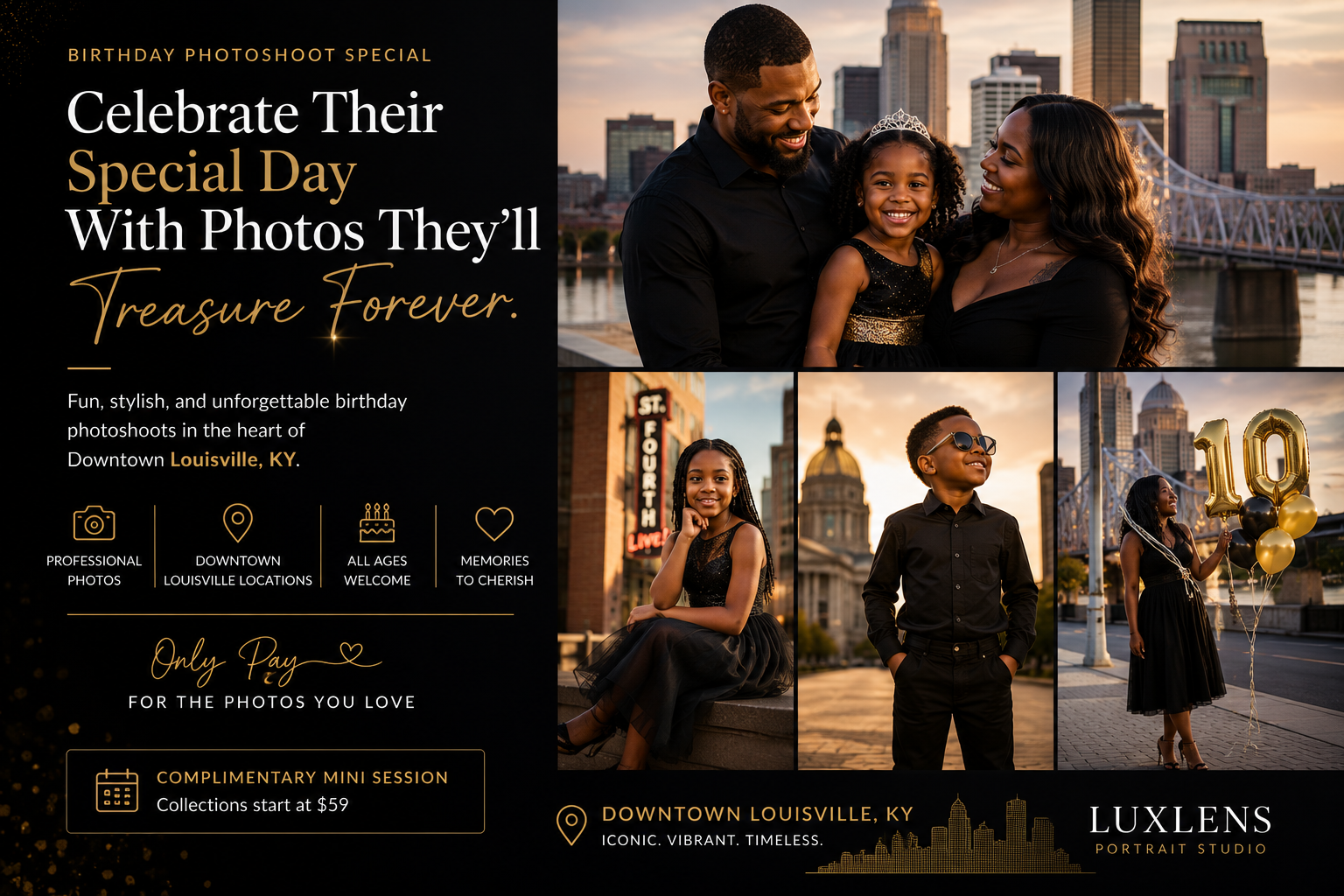 Birthday photoshoot in Downtown Louisville KY by LuxLens Portrait Studio