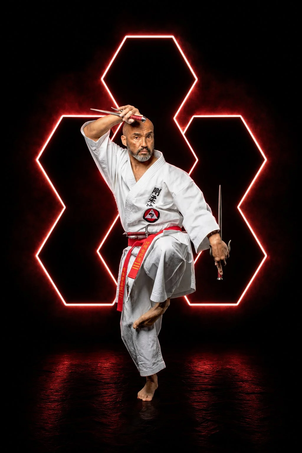 A martial artist in a white karate gi performing a stance with a sword, standing on one leg against a black background with three red neon hexagon shapes.