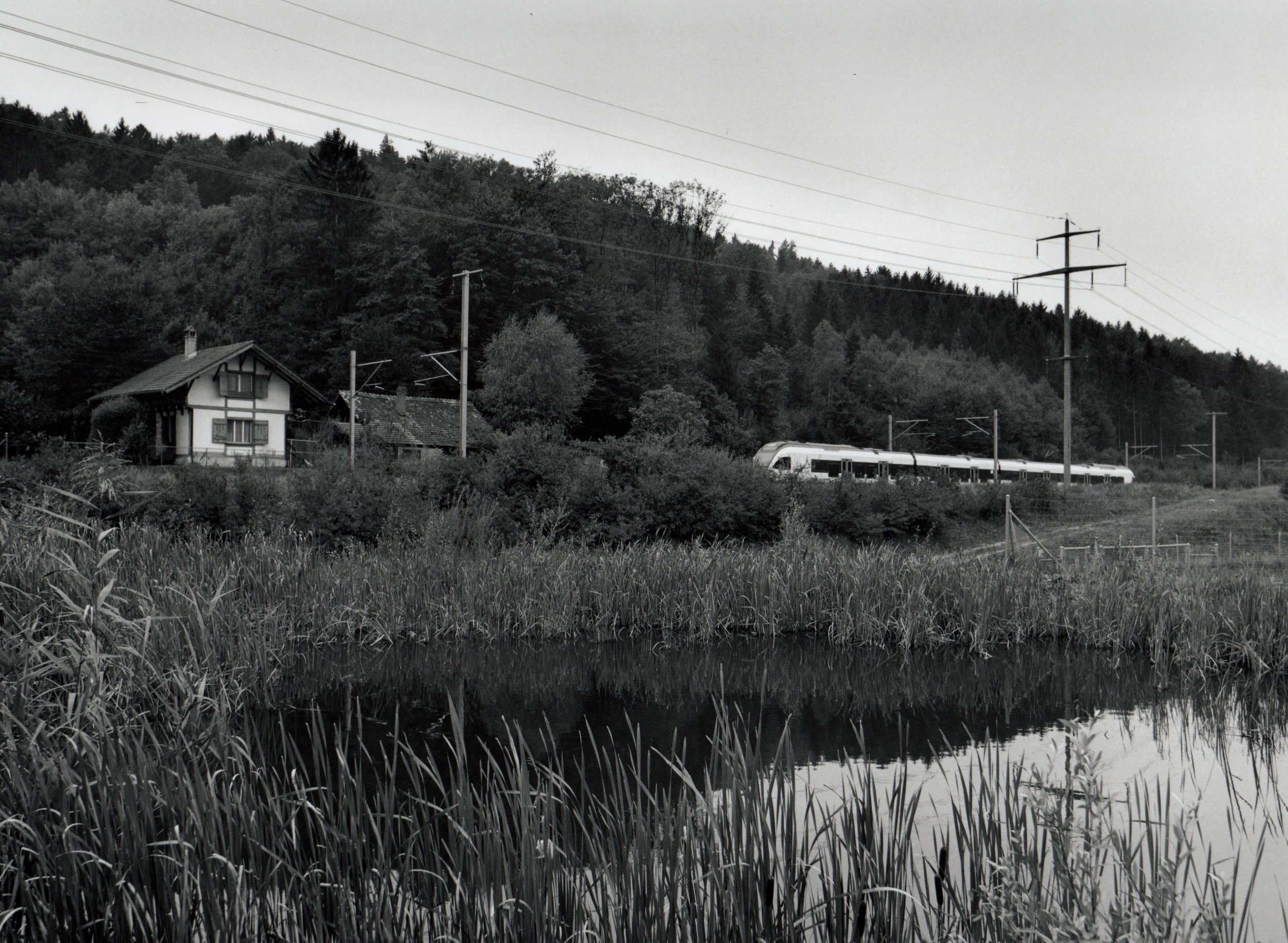 Pond and Commuter Train with Old Watchman's House