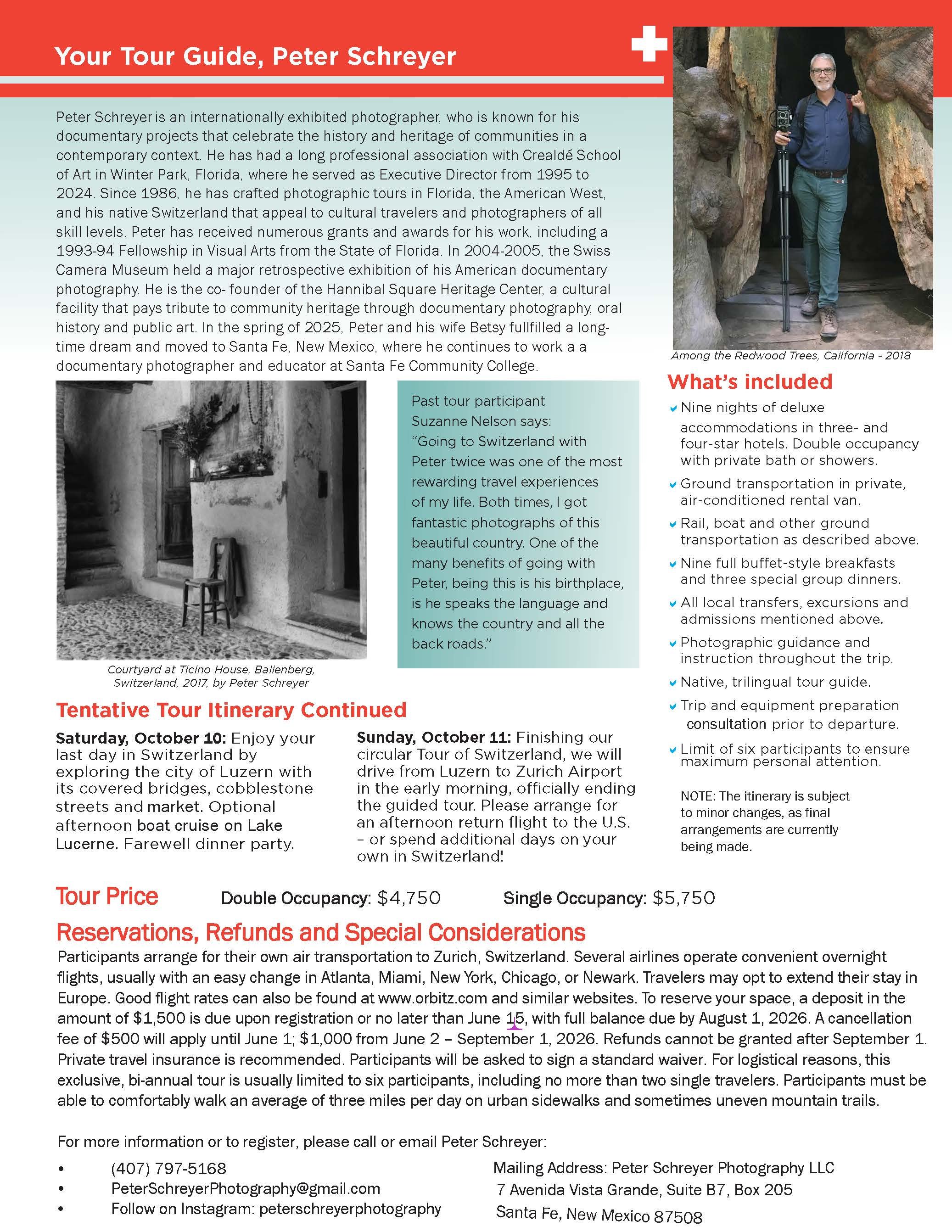 Tour brochure page with a photo of a man standing among redwood trees in California, holding a camera, titled 'Your Tour Guide, Peter Schreyer'. The page includes a biography about Peter Schreyer, tour details, accommodation, pricing, reservations, contact information, and a second photo of a courtyard at Ticino House, Switzerland.
