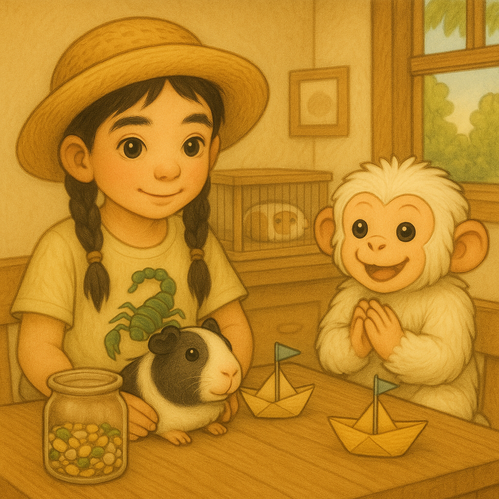 "Snomonke, Puff, and Willow admire the duck food and the little boats they’ve made, a joyful moment from Snomonke and Puff Go to the Park."