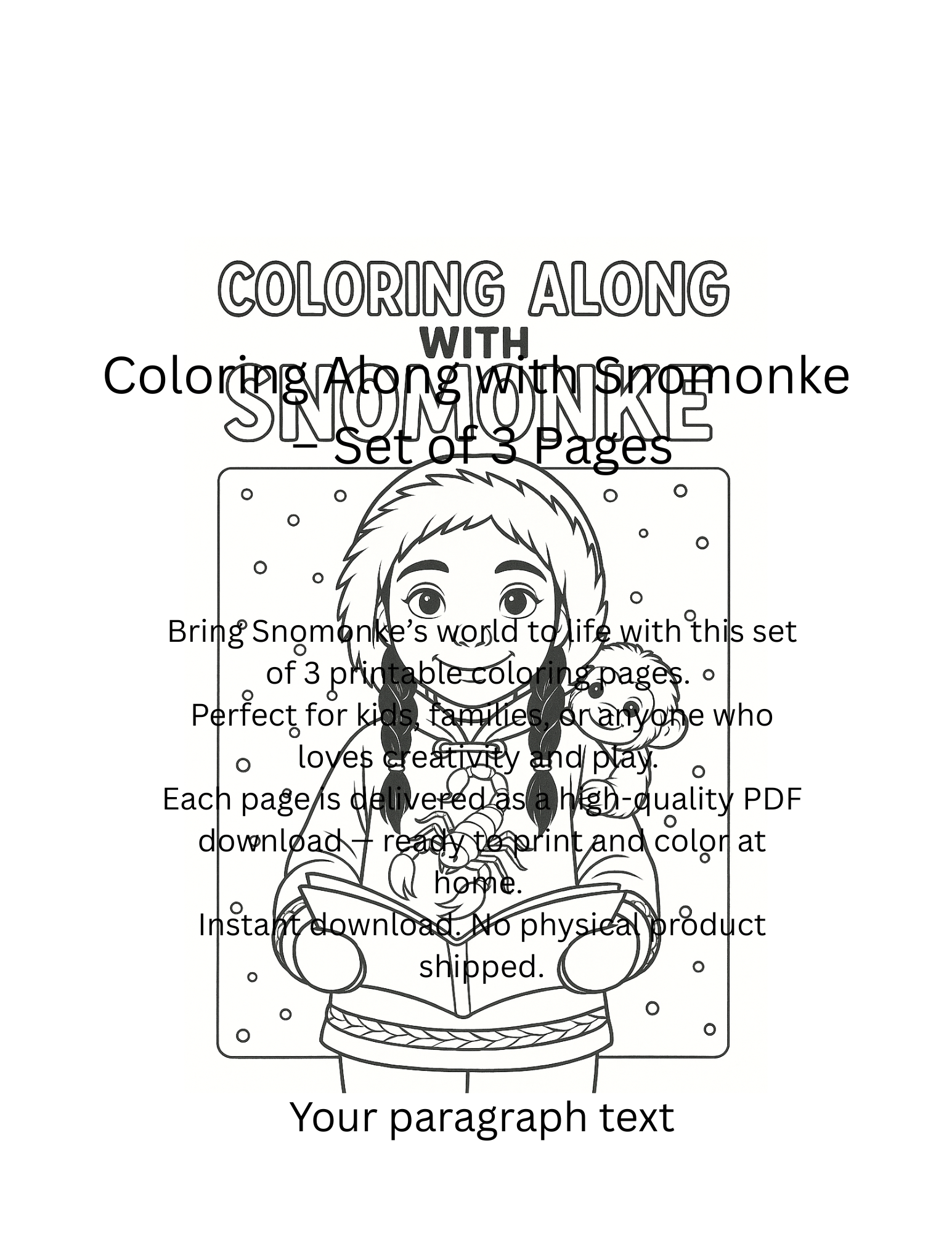 “Snomonke & Friends Coloring Pack – 3 Pages, 4 Designs”