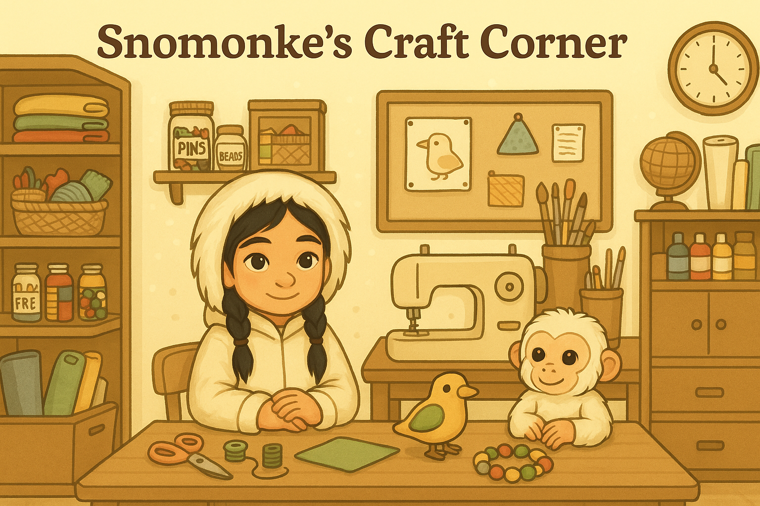 "After their adventures, Snomonke and Puff love to settle in at their Craft Corner. This is where the magic of the story continues — with scissors, yarn, buttons, and imagination. Now it’s your turn to join them and learn how to make the very same cr