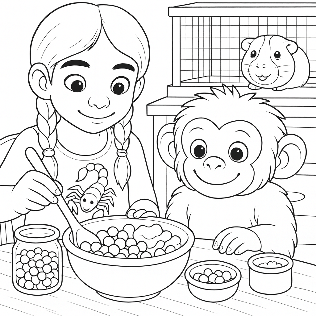 "Snomonke and Puff mix up duck food for their trip to the park — and Willow the guinea pig gives her happy approval."