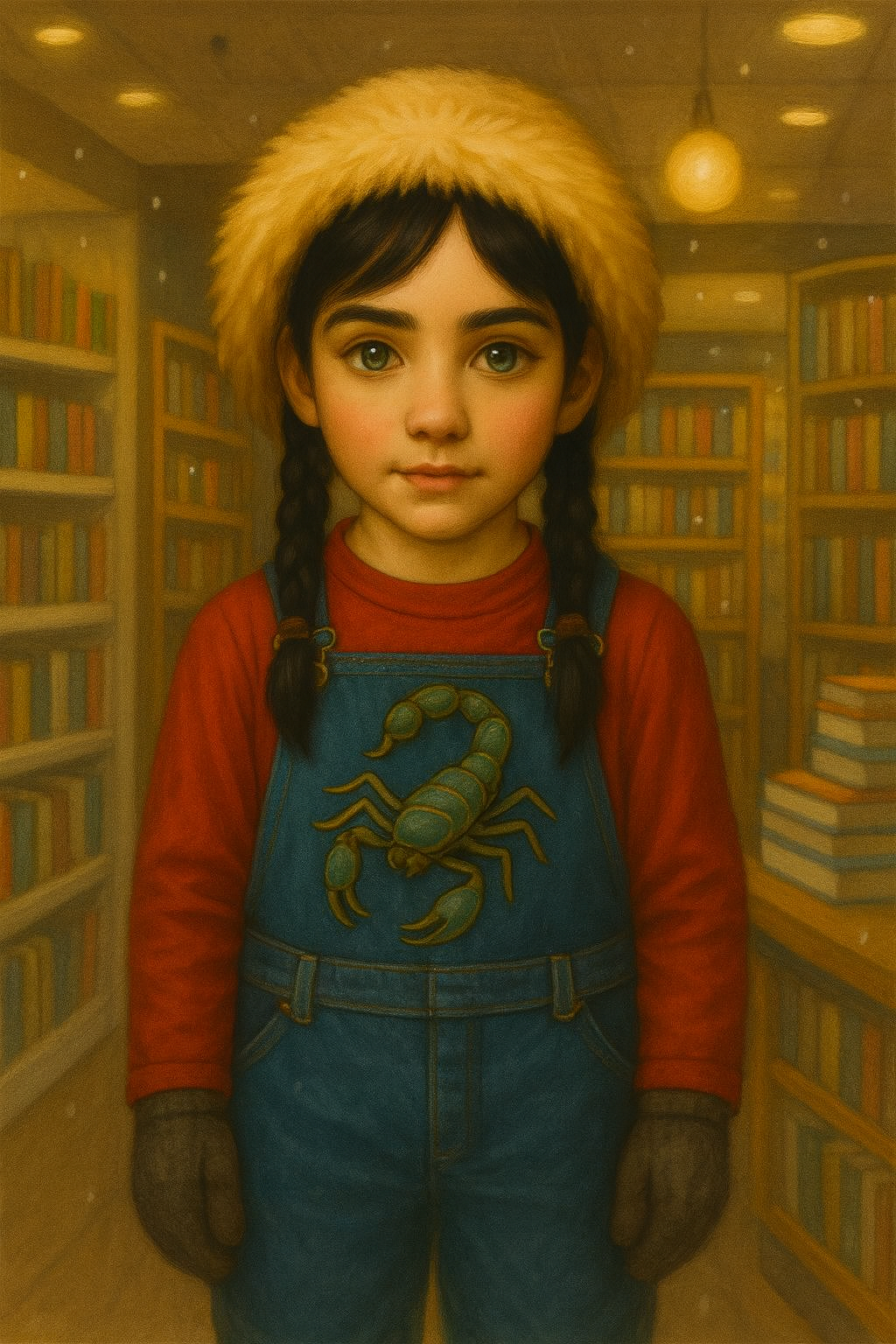 Young girl with braided hair wearing a furry hat, red long-sleeve shirt, and denim overalls with a scorpion on the front, standing in a library.