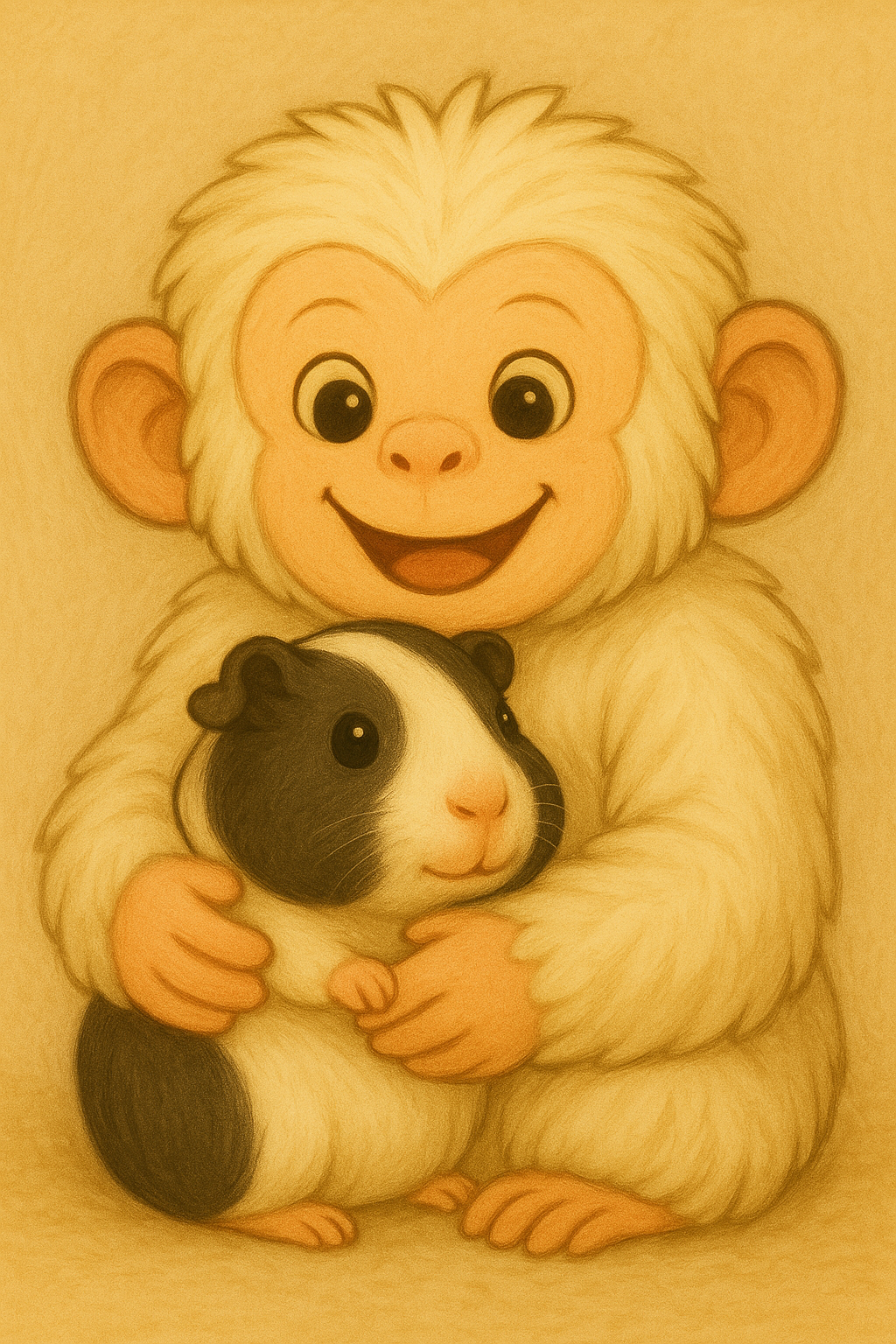 "Puff the playful snow monkey beams with joy as he cuddles Willow the gentle guinea pig — two best friends bringing warmth, mischief, and magic to every adventure."