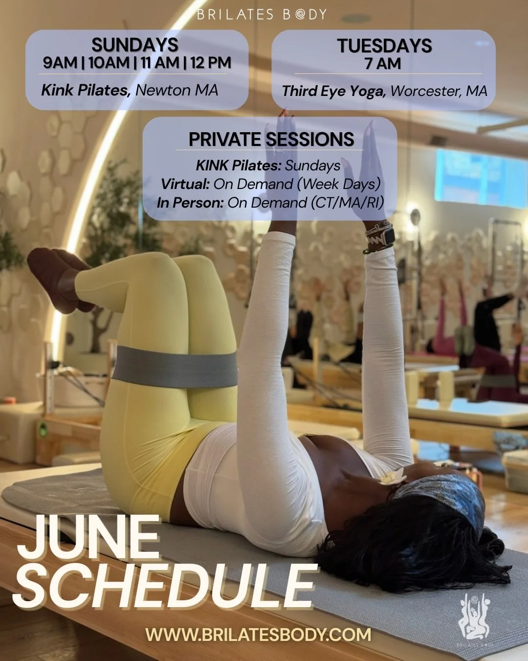 A summer schedule designed for you ☀️

Whether you&rsquo;re rolling out your mat, stepping onto a reformer, joining me virtually, or popping into a community class, I got you 🫶🏾 

Looking to deepen your practice? I offer private 1:1 and small group
