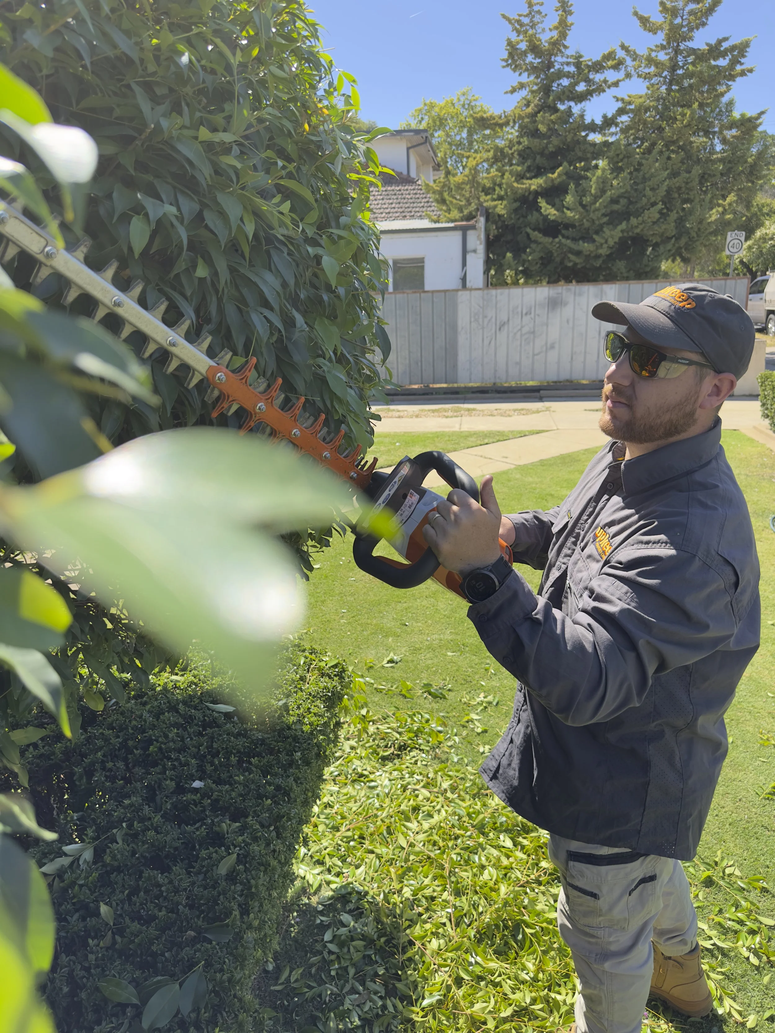 A man using a hedge trimmer to trim a bush in a residential yard. He is wearing sunglasses, a baseball cap, a gray jacket, light-colored pants, and work boots.