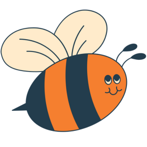 Cute cartoon bee with orange and black stripes, smiling eyes, and white wings.