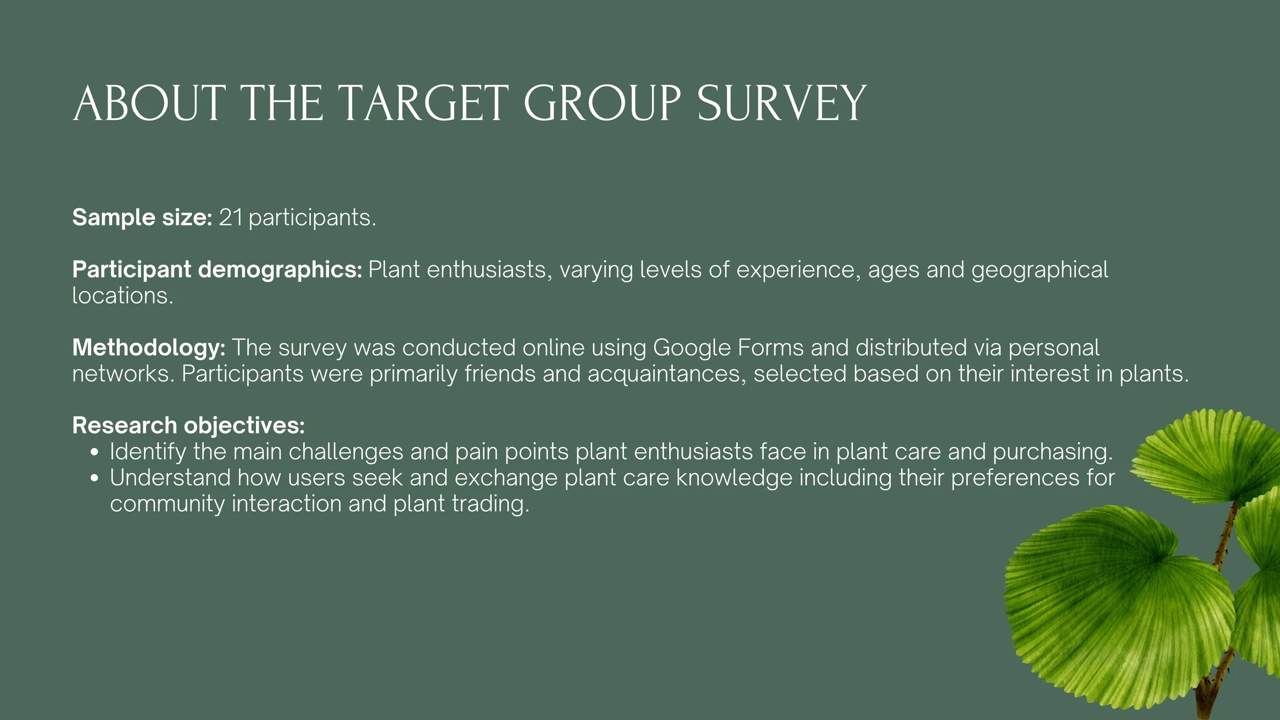 A small target group survey conducted to uncover user needs and pain points in plant shopping and care.
